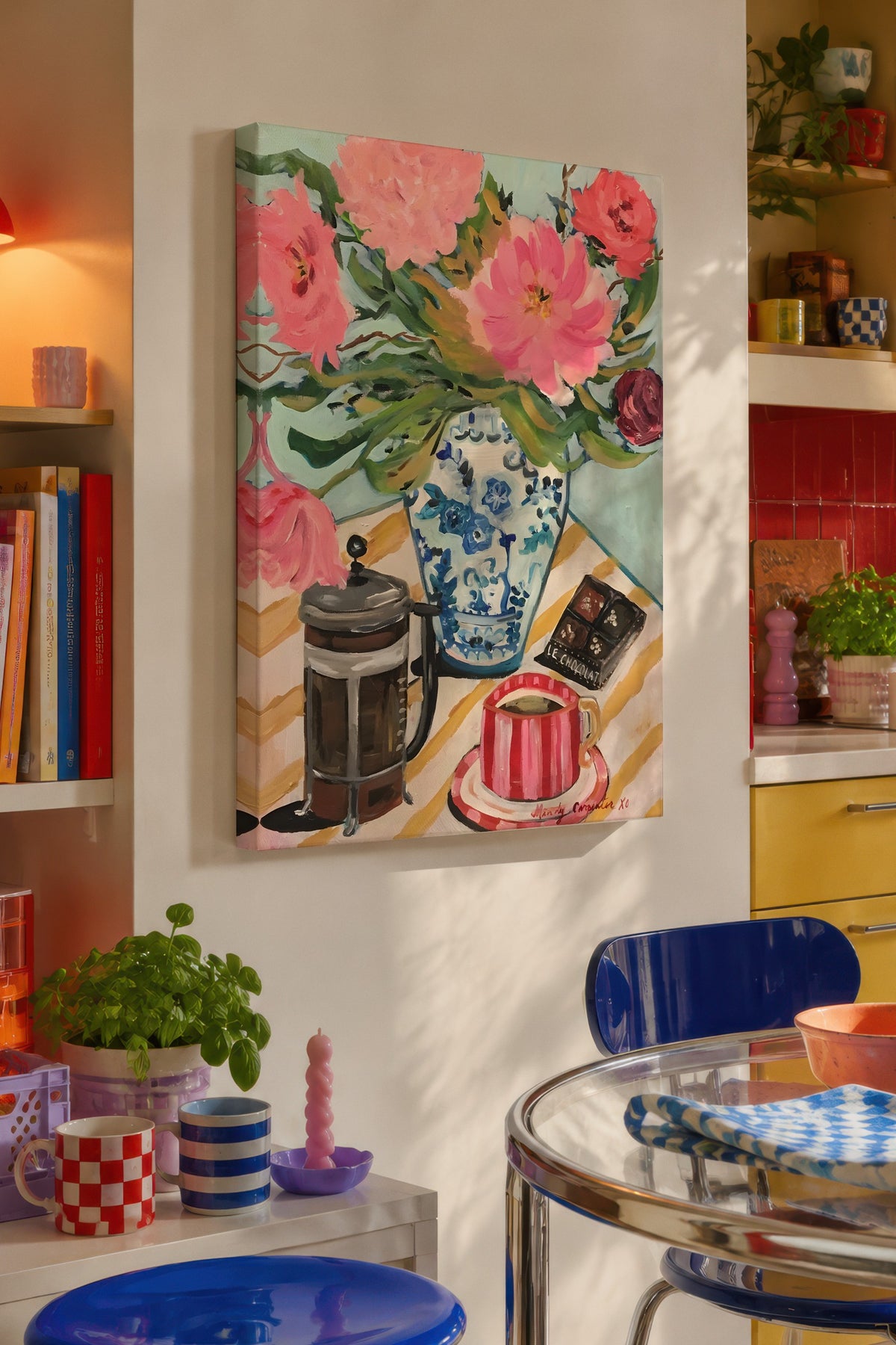 Çiçekli Kahve Masası Maximalist Kanvas Tablo