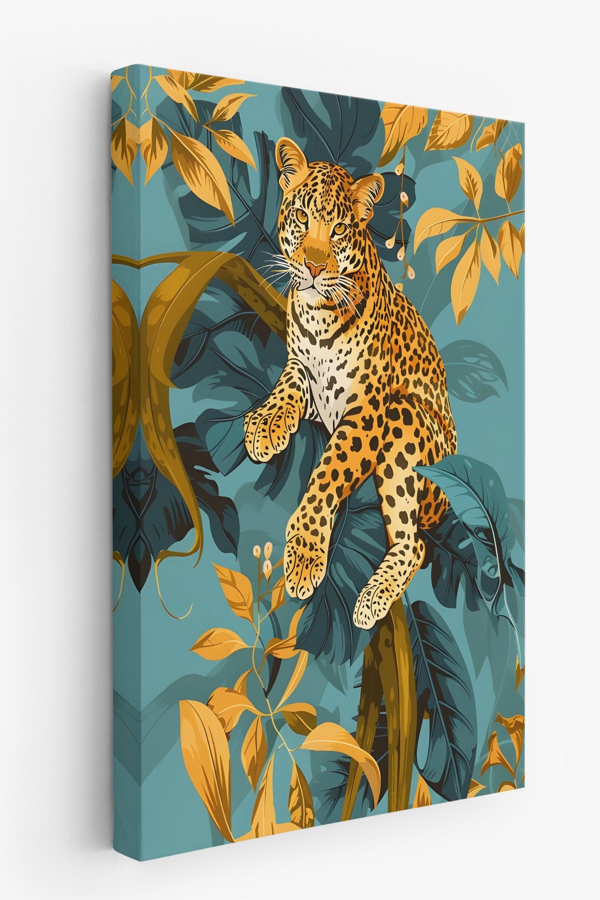 Leopar ve Tropik Yapraklar Maximalist Kanvas Tablo