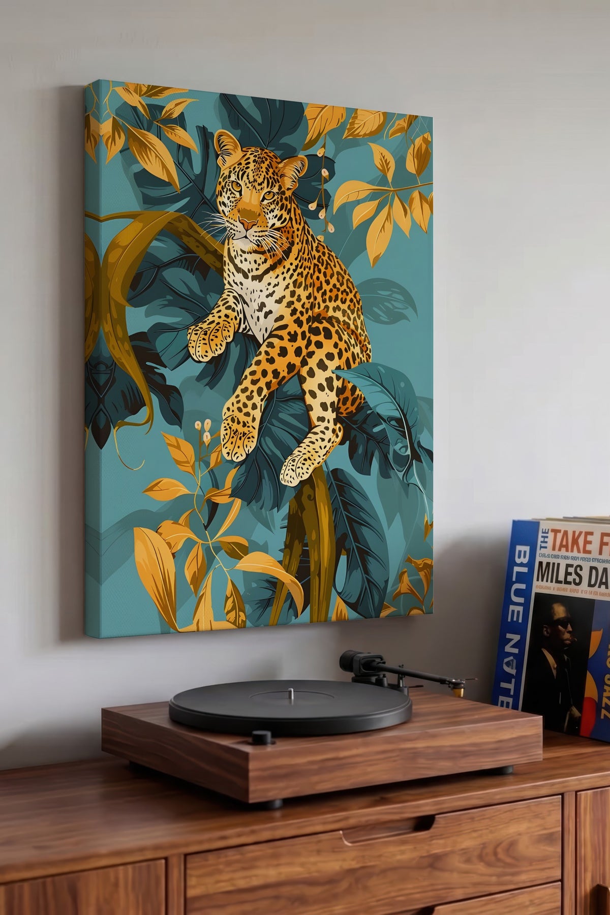 Leopar ve Tropik Yapraklar Maximalist Kanvas Tablo