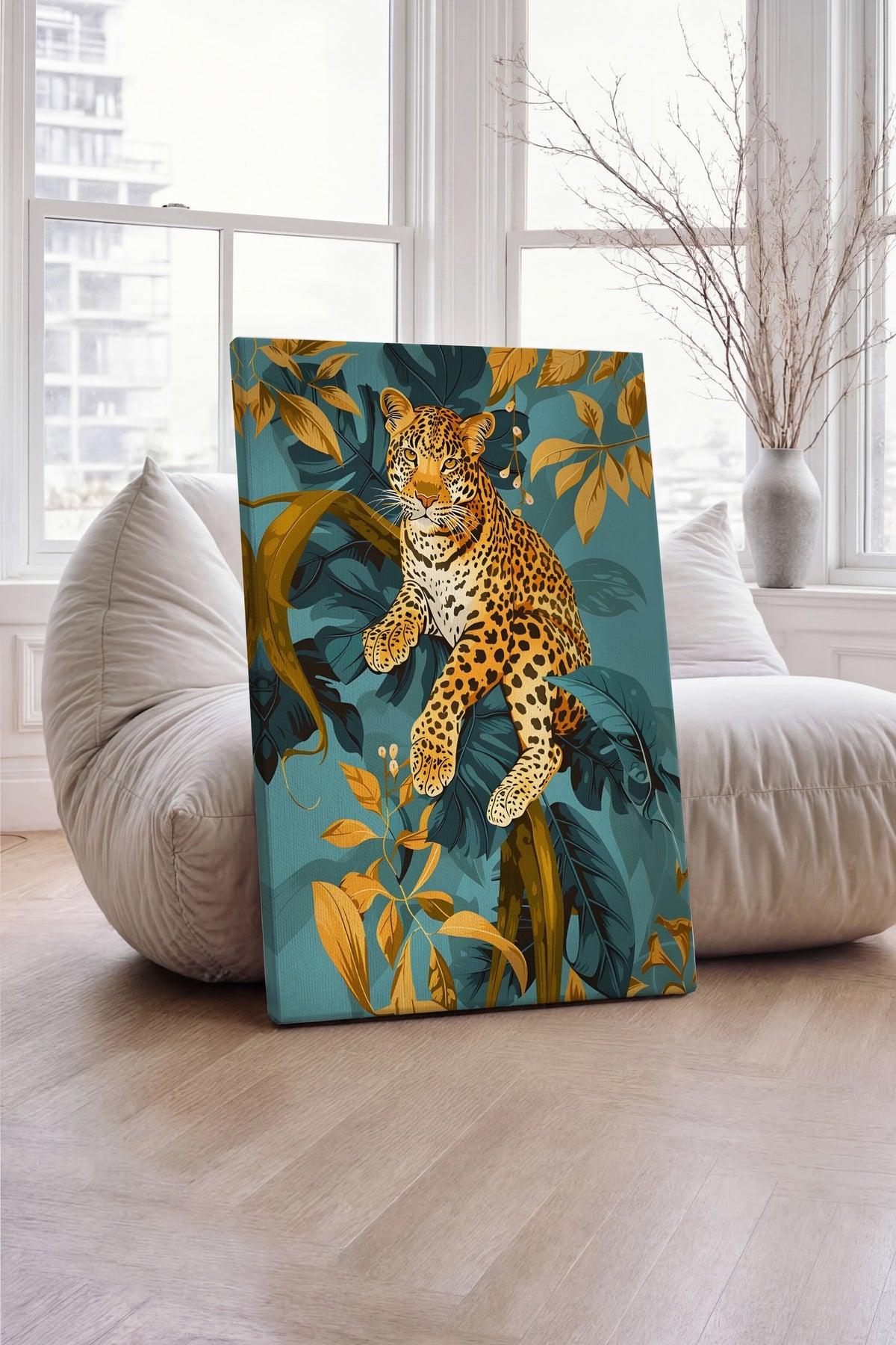 Leopar ve Tropik Yapraklar Maximalist Kanvas Tablo