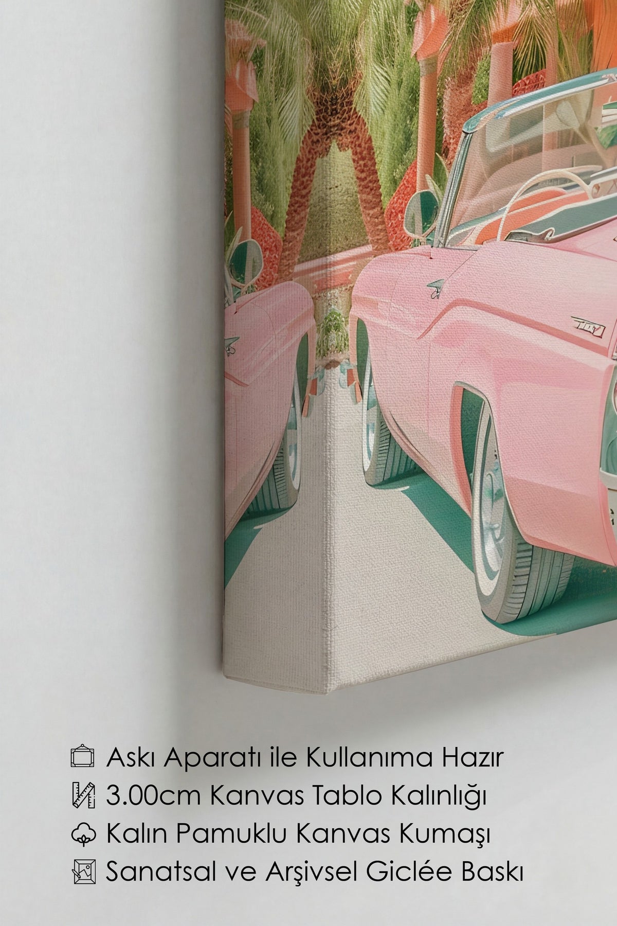 Pembe Klasik Araba ve Palmiyeler Maximalist Kanvas Tablo