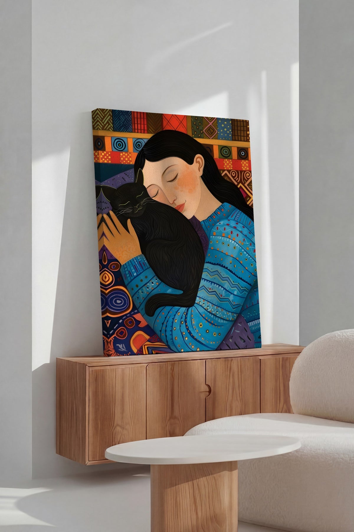 Kediyle Huzur Bulan Kadın Maximalist Kanvas Tablo