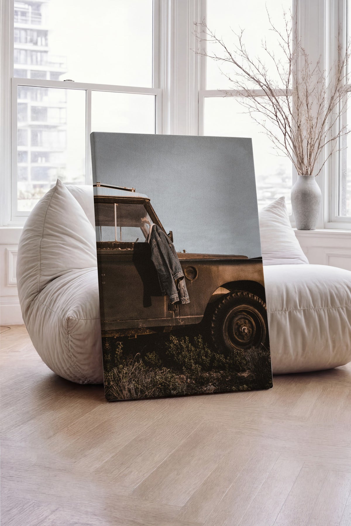 Terkedilmiş Arazi Aracı ve Kot Ceket Rustic Kanvas Tablo