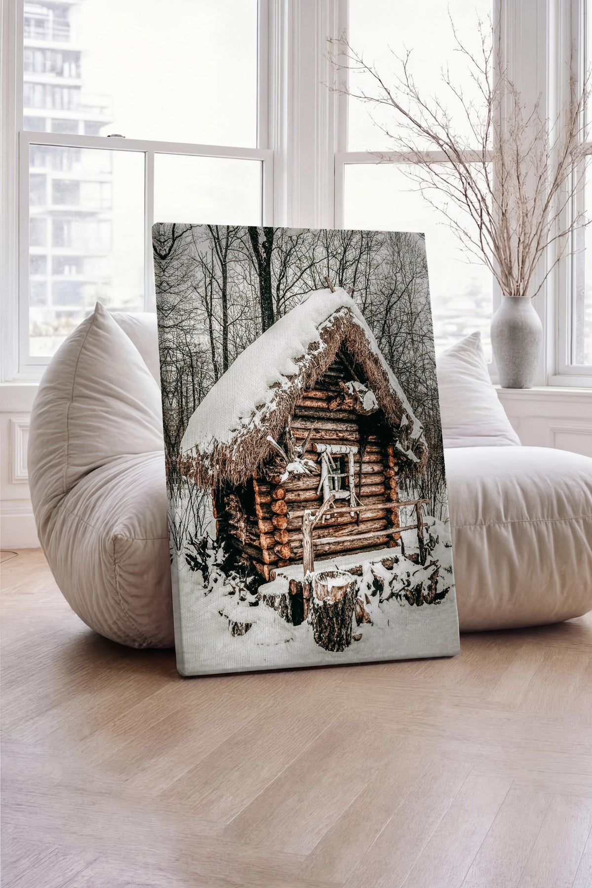 Karlı Ormanda Kütük Kulübe Rustic Kanvas Tablo