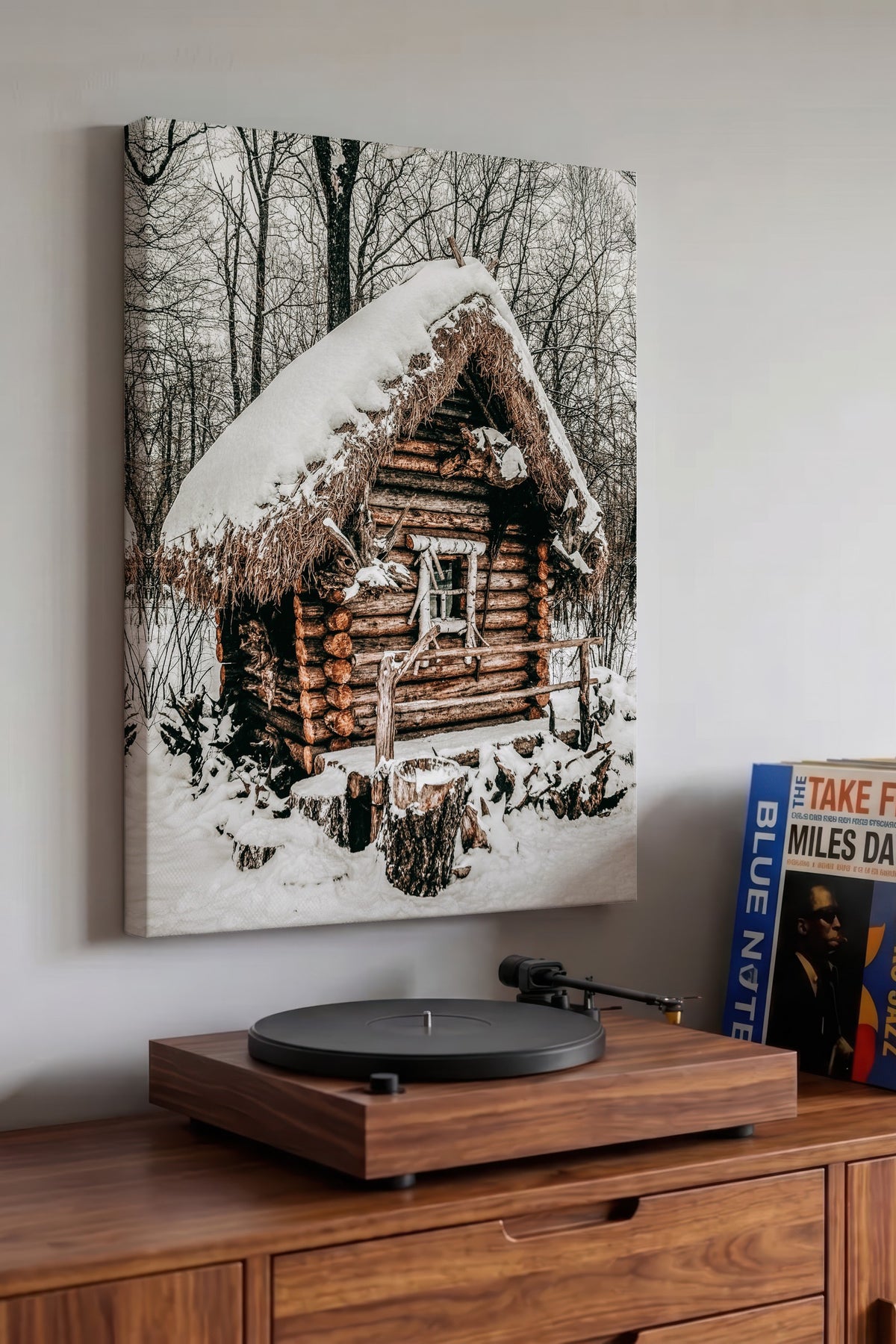Karlı Ormanda Kütük Kulübe Rustic Kanvas Tablo