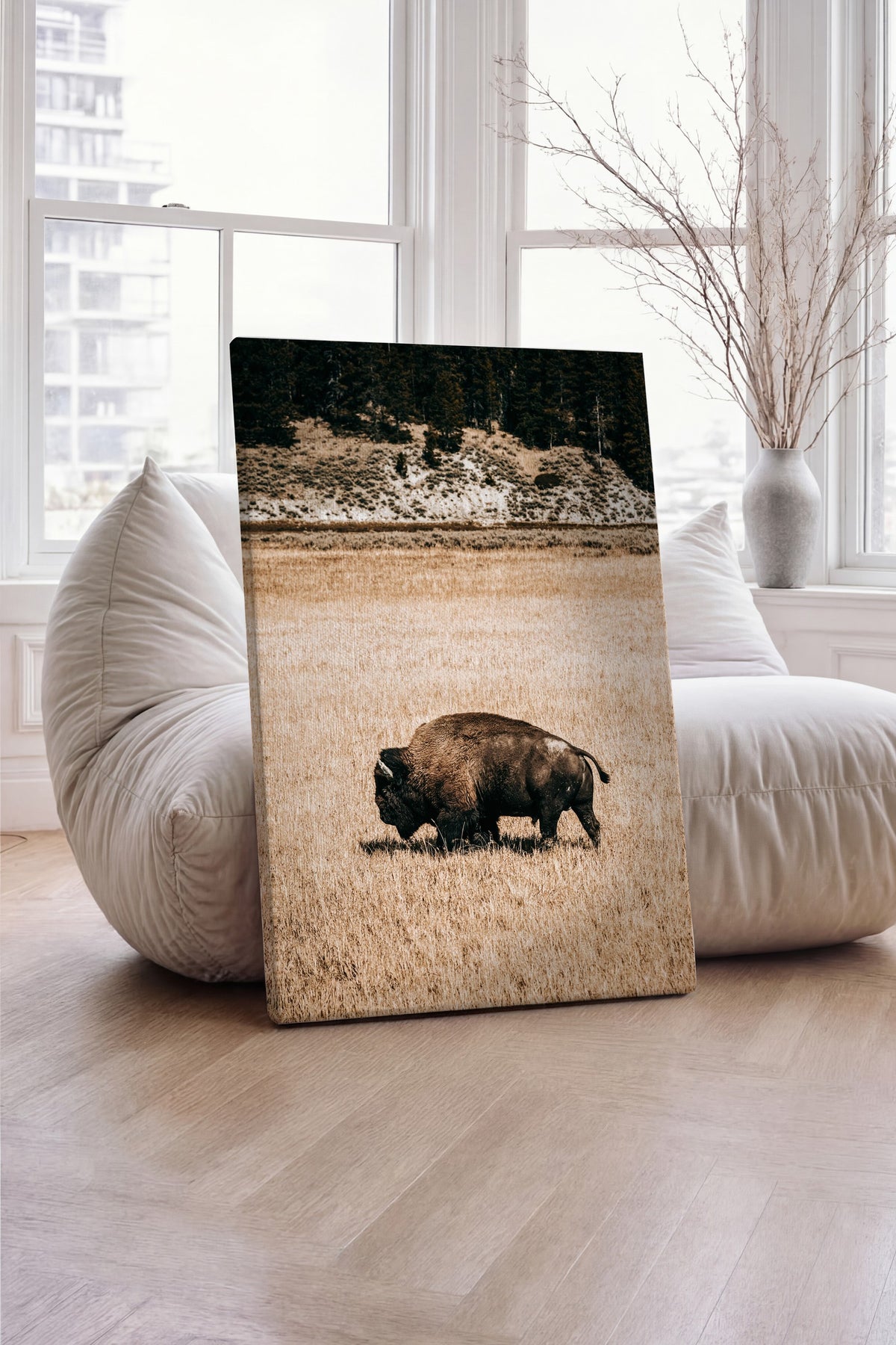 Bizon ve Sonbahar Ovası Rustic Kanvas Tablo