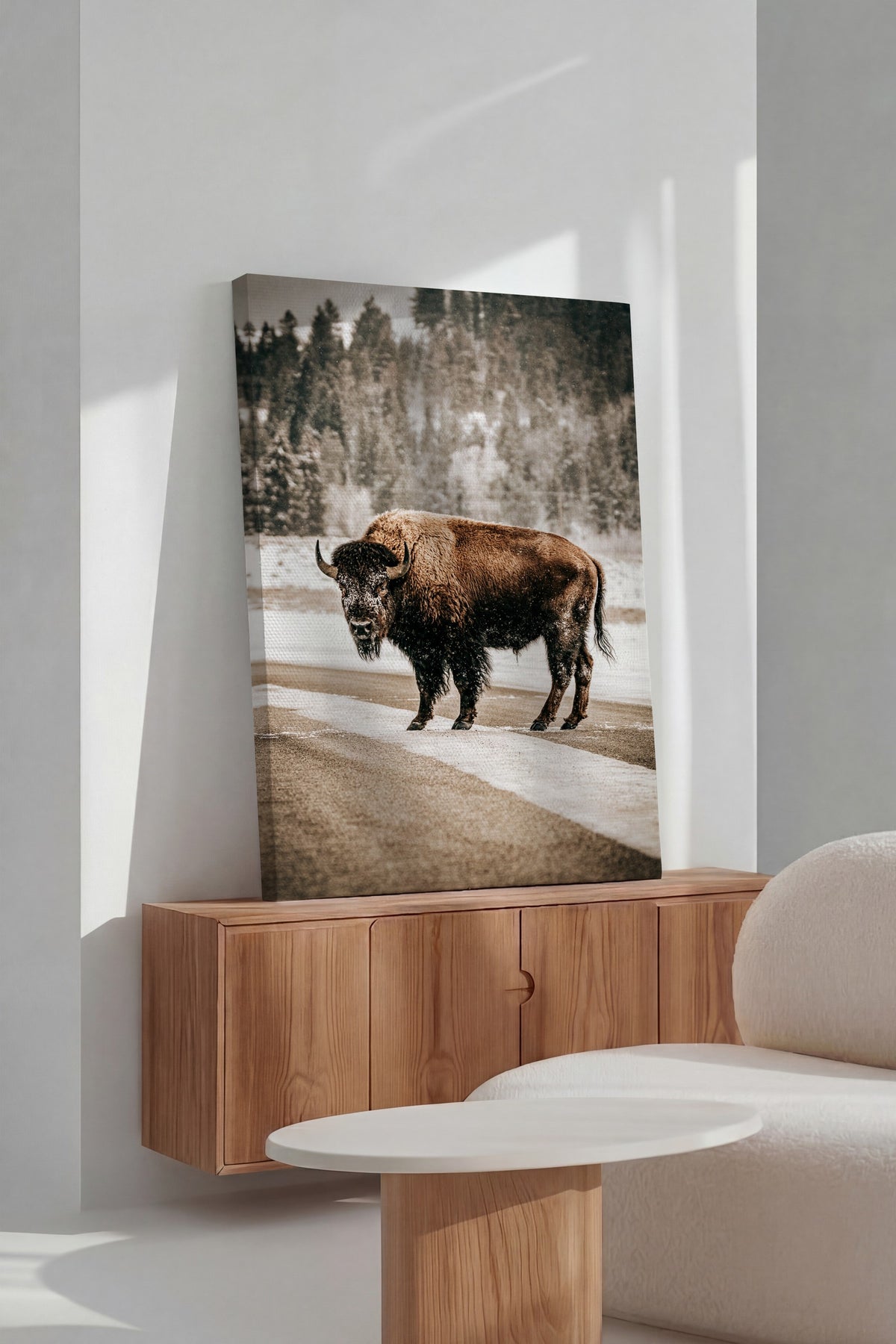 Karlı Yolda Bizon Rustic Kanvas Tablo