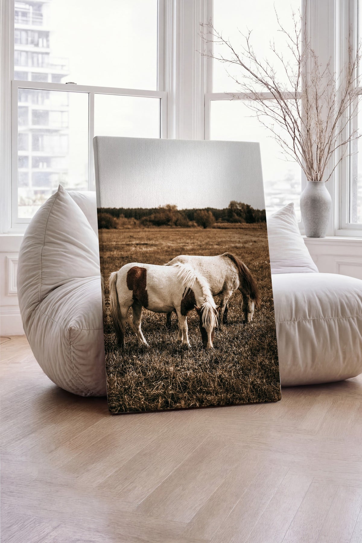 Kır Atlar Otlakta Rustic Kanvas Tablo