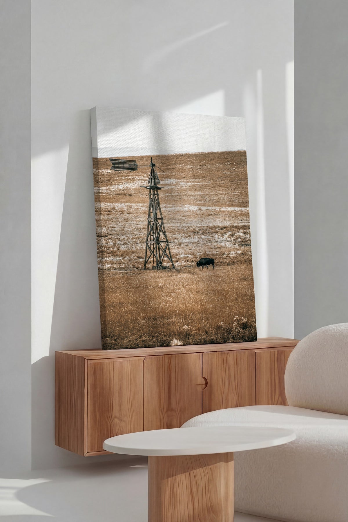 Rüzgar Değirmeni ve Bizon Rustic Kanvas Tablo