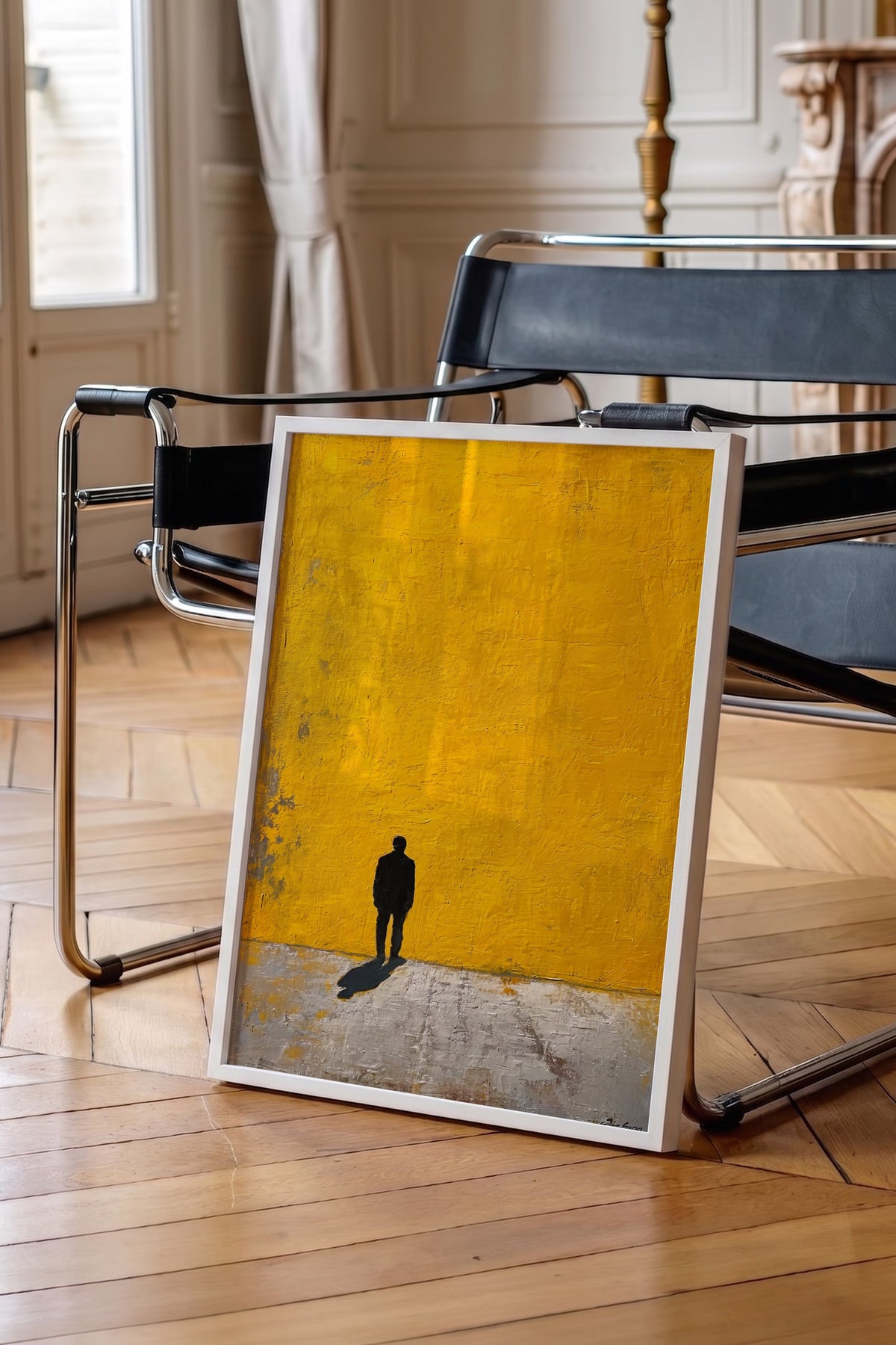 Sarı Duvarda Yalnız Yürüyüş Poster – Beyaz Çerçeveli Tablo