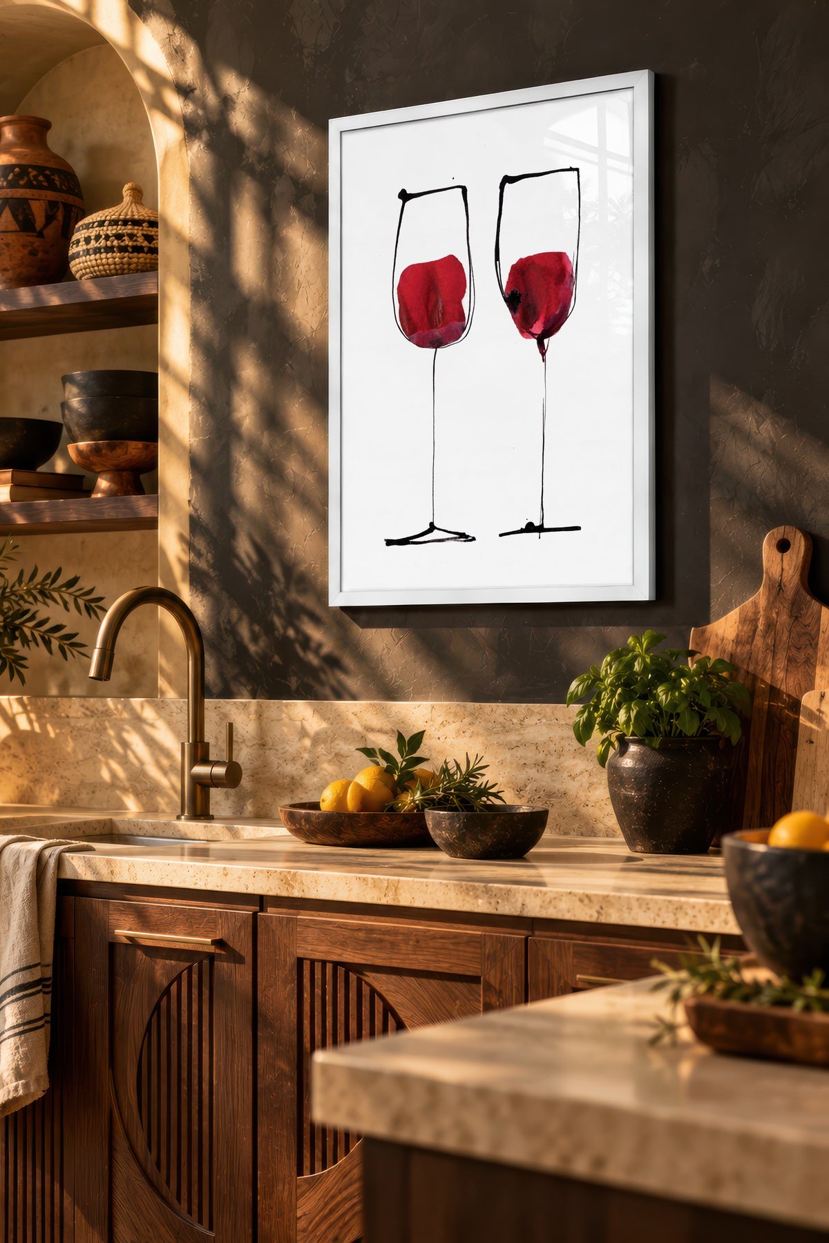 Kırmızı Şarap Kadehleri Çizimi Poster – Beyaz Çerçeveli Tablo