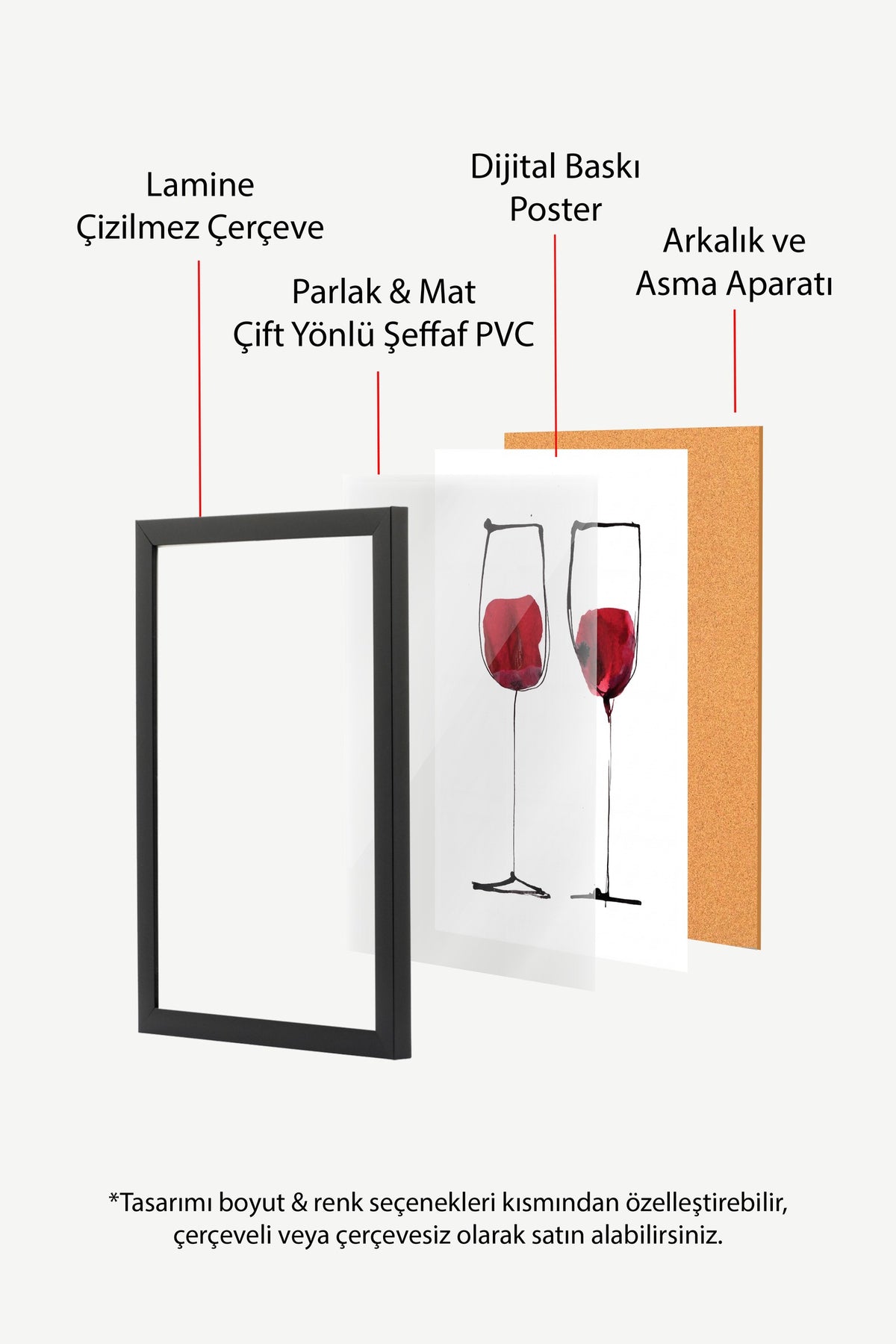 Kırmızı Şarap Kadehleri Çizimi Poster – Siyah Çerçeveli Tablo