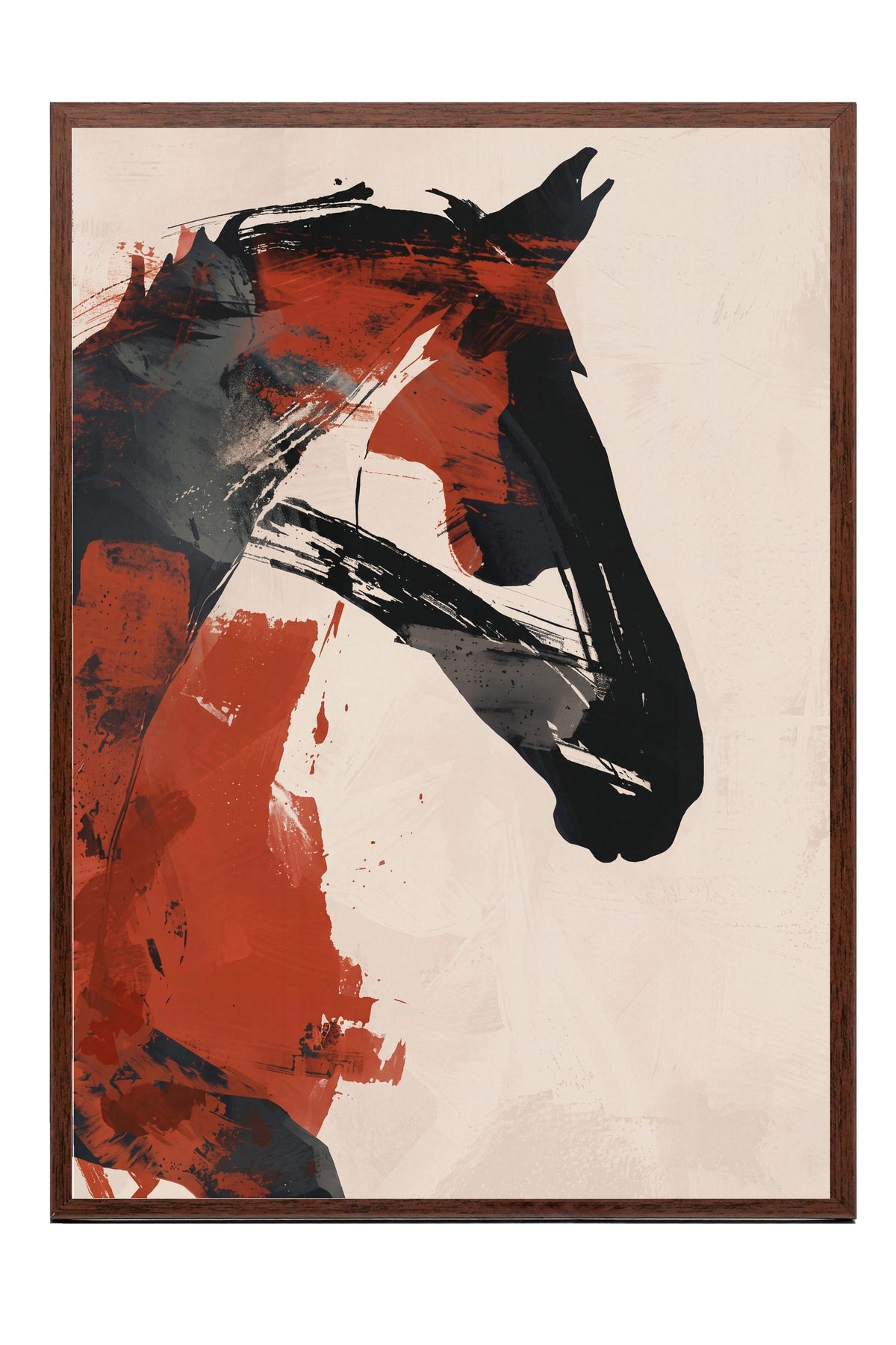 Soyut Fırça Darbeli At Portresi Poster – Kahverengi Çerçeveli Tablo