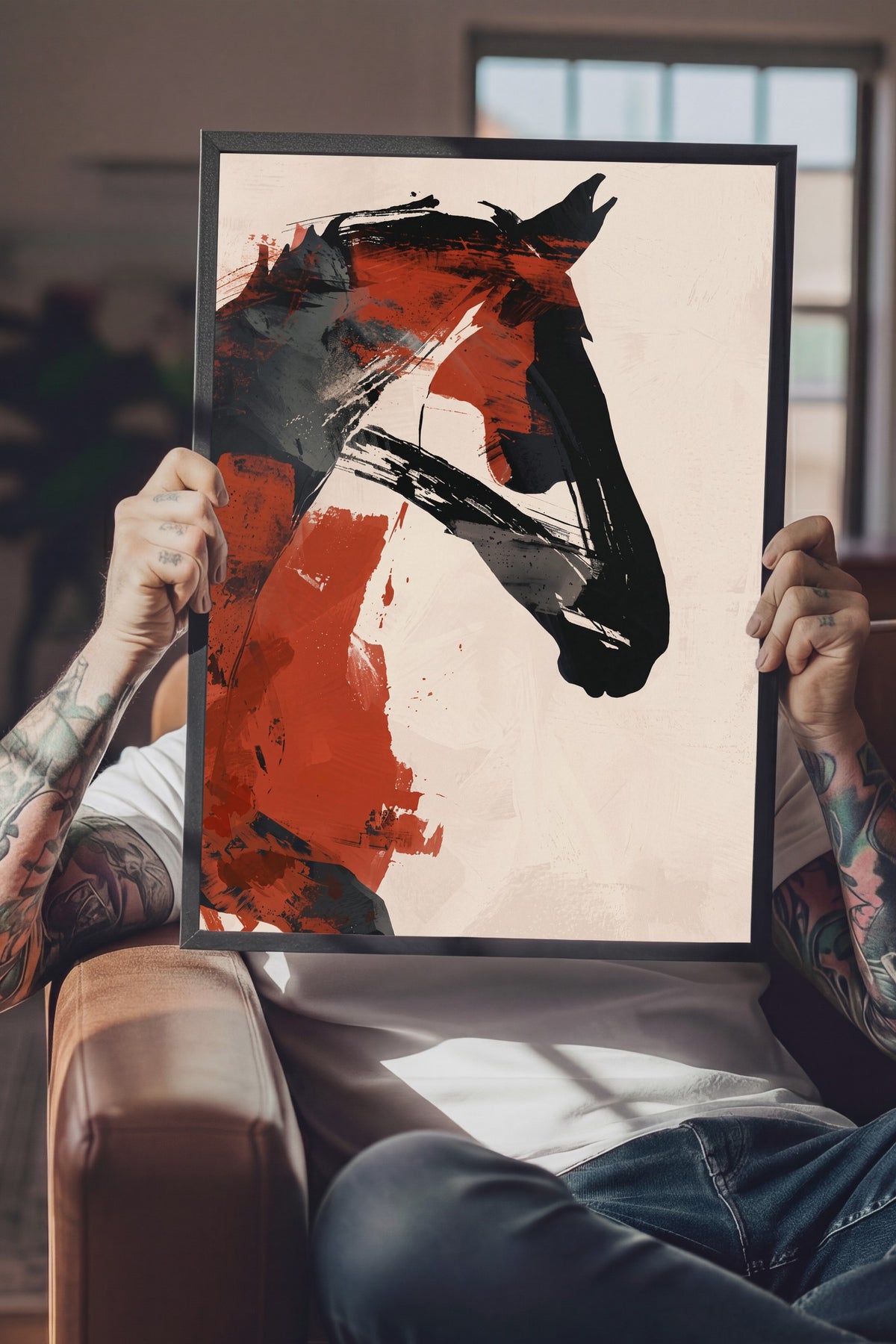 Soyut Fırça Darbeli At Portresi Poster – Siyah Çerçeveli Tablo