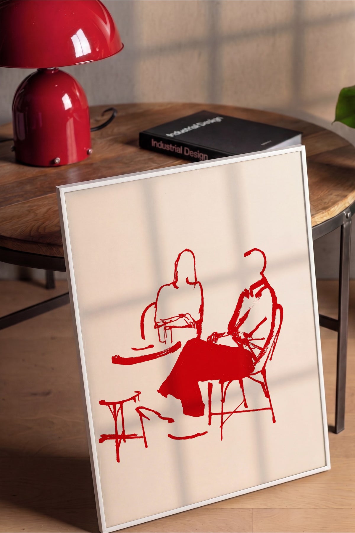 Kırmızı Çizgilerle Oturan Figürler Poster – Beyaz Çerçeveli Tablo