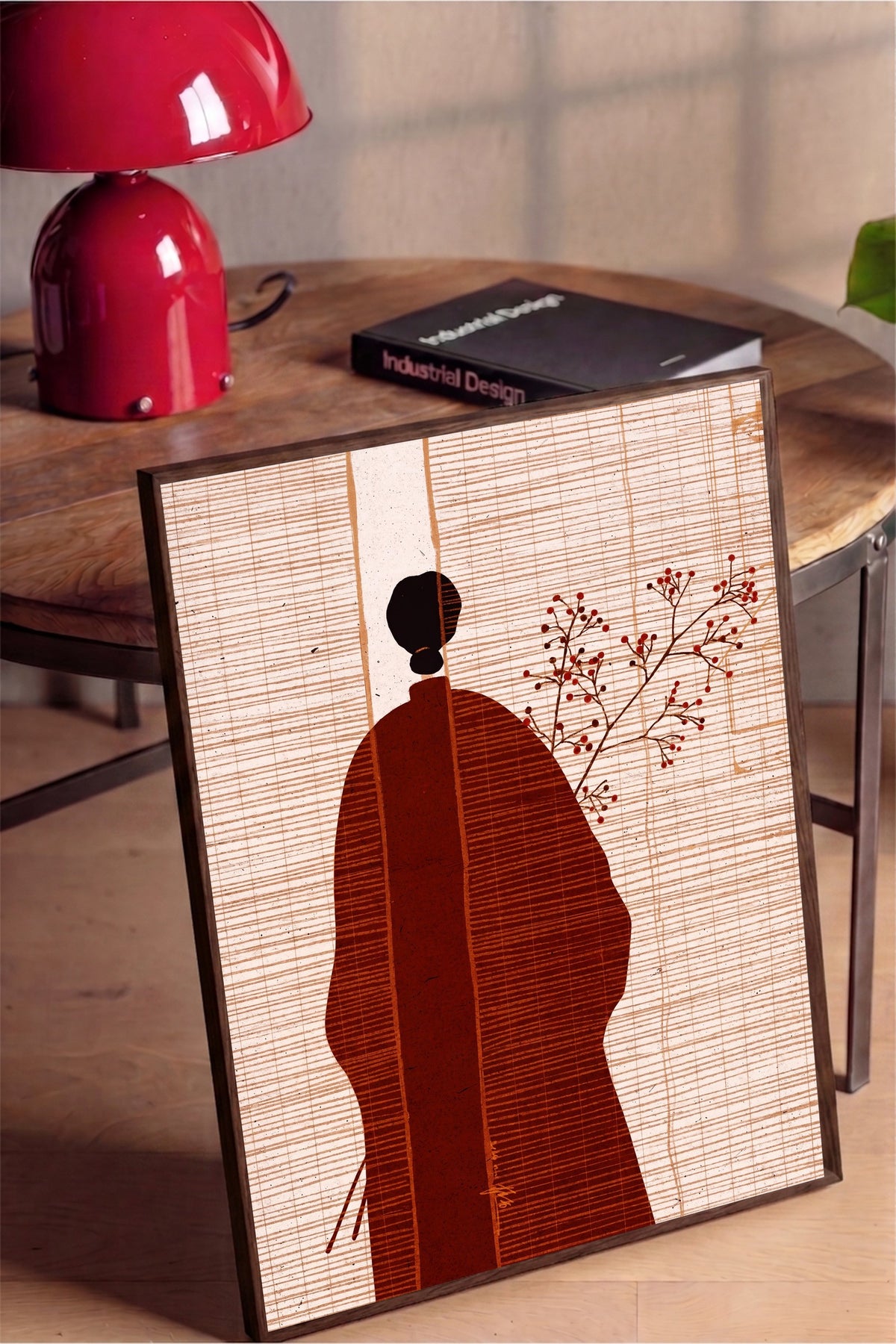 Kimonolu Figür ve Kırmızı Çiçekler Poster – Kahverengi Çerçeveli Tablo
