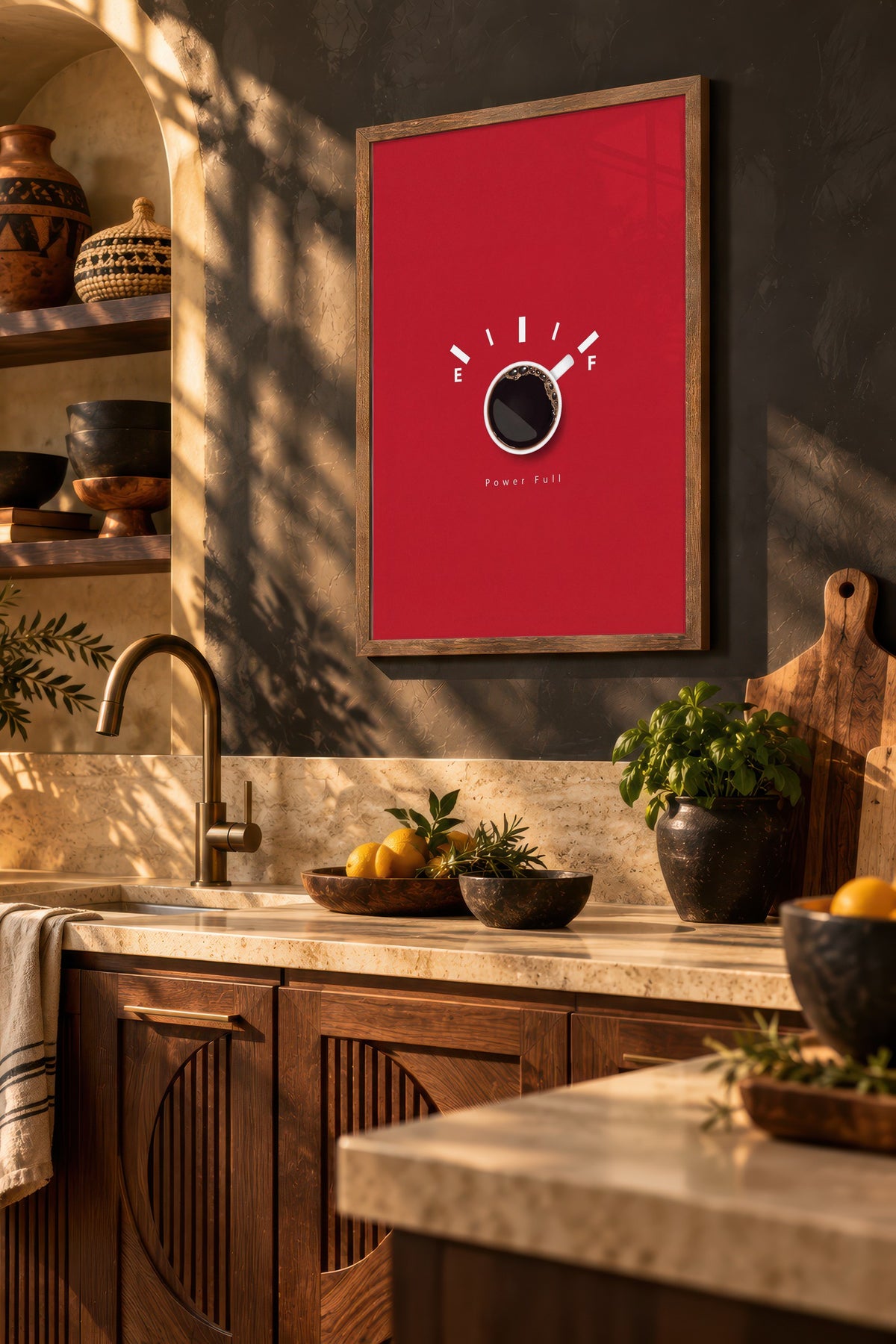 Yakıt Göstergeli Kahve Fincanı Poster – Kahverengi Çerçeveli Tablo
