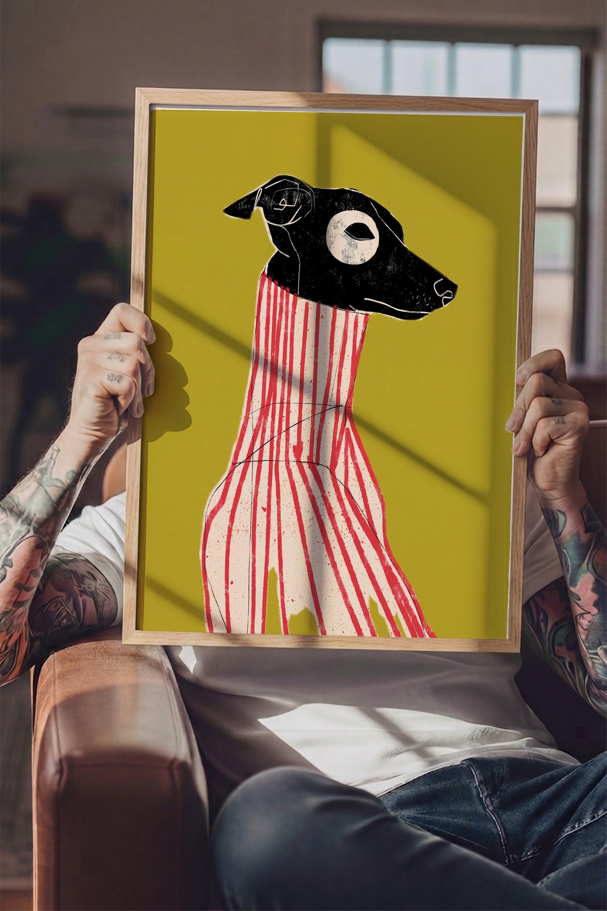 Çizgili Zarafet Köpek Portresi Poster – Ahşap Çerçeveli Tablo