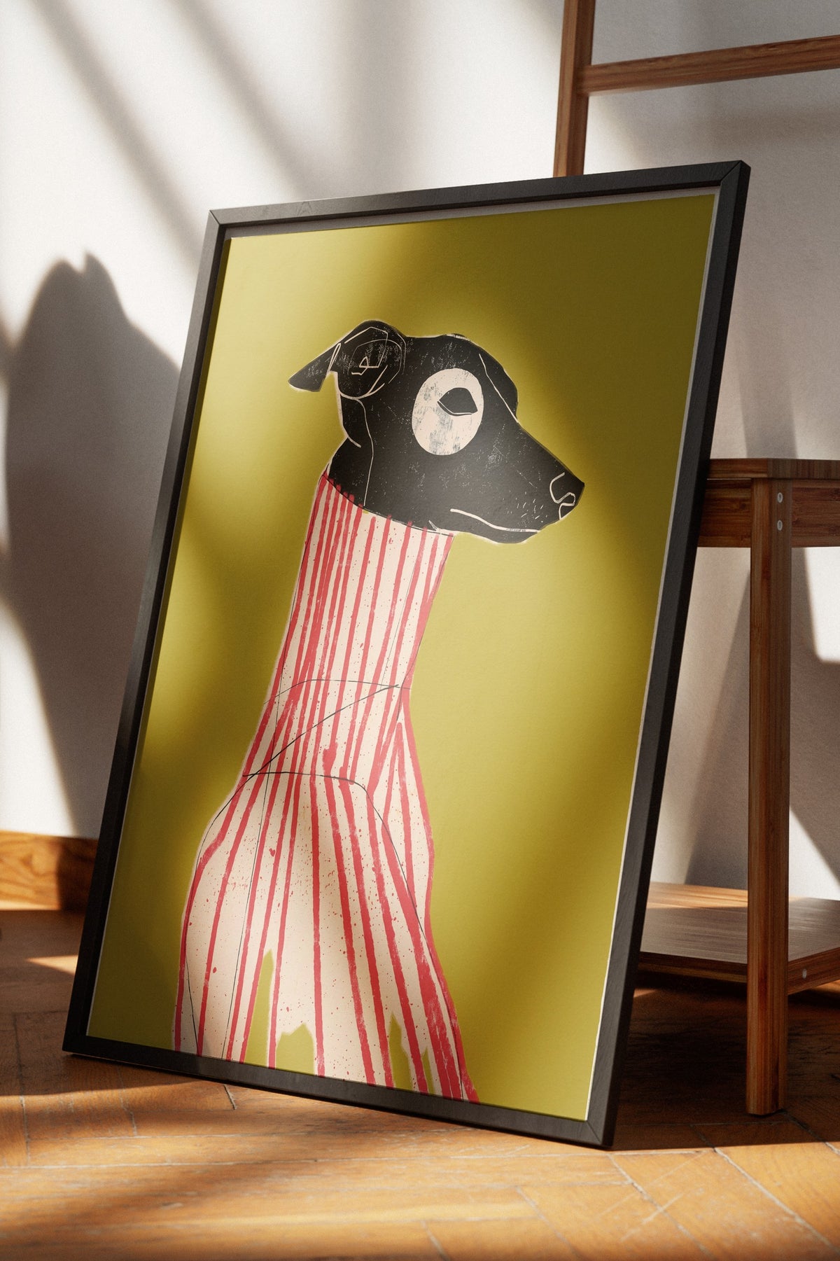 Çizgili Zarafet Köpek Portresi Poster – Siyah Çerçeveli Tablo