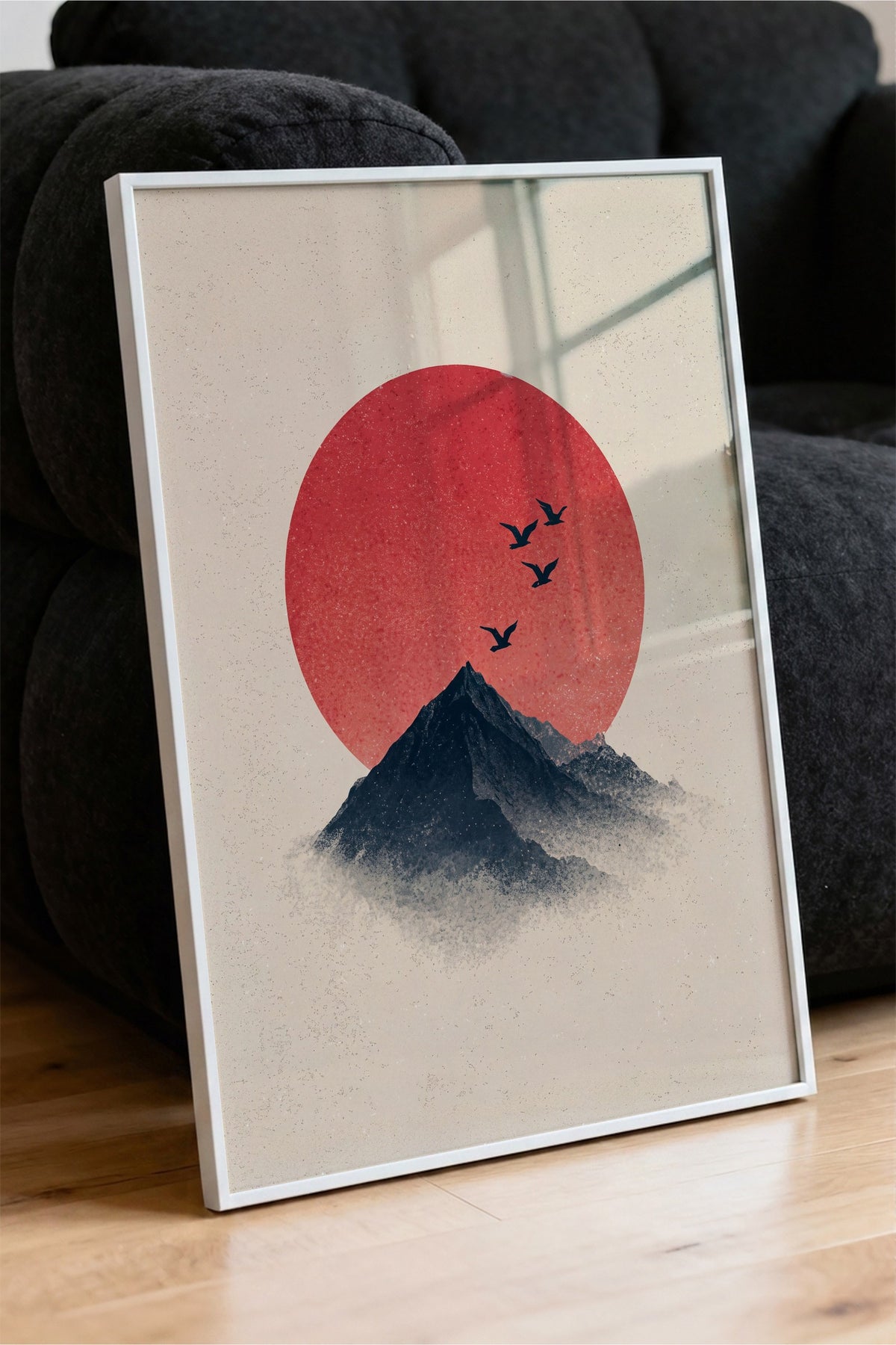 Kızıl Güneşli Dağ Manzarası Poster – Beyaz Çerçeveli Tablo