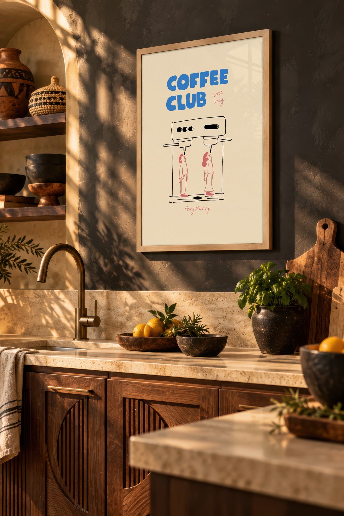 Kahve Makinesi ve İki Figür İllüstrasyonu Poster – Ahşap Çerçeveli Tablo