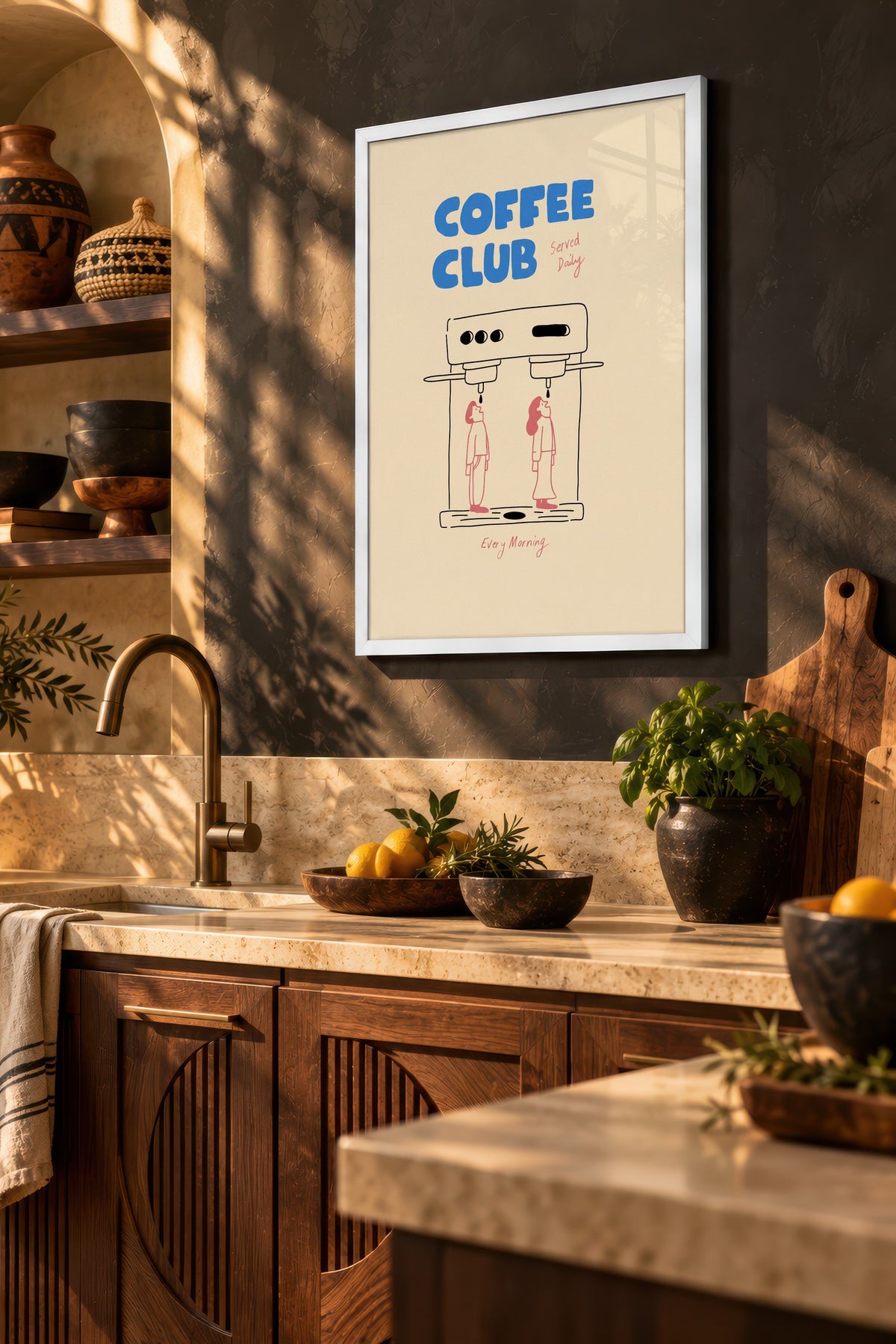Kahve Makinesi ve İki Figür İllüstrasyonu Poster – Beyaz Çerçeveli Tablo