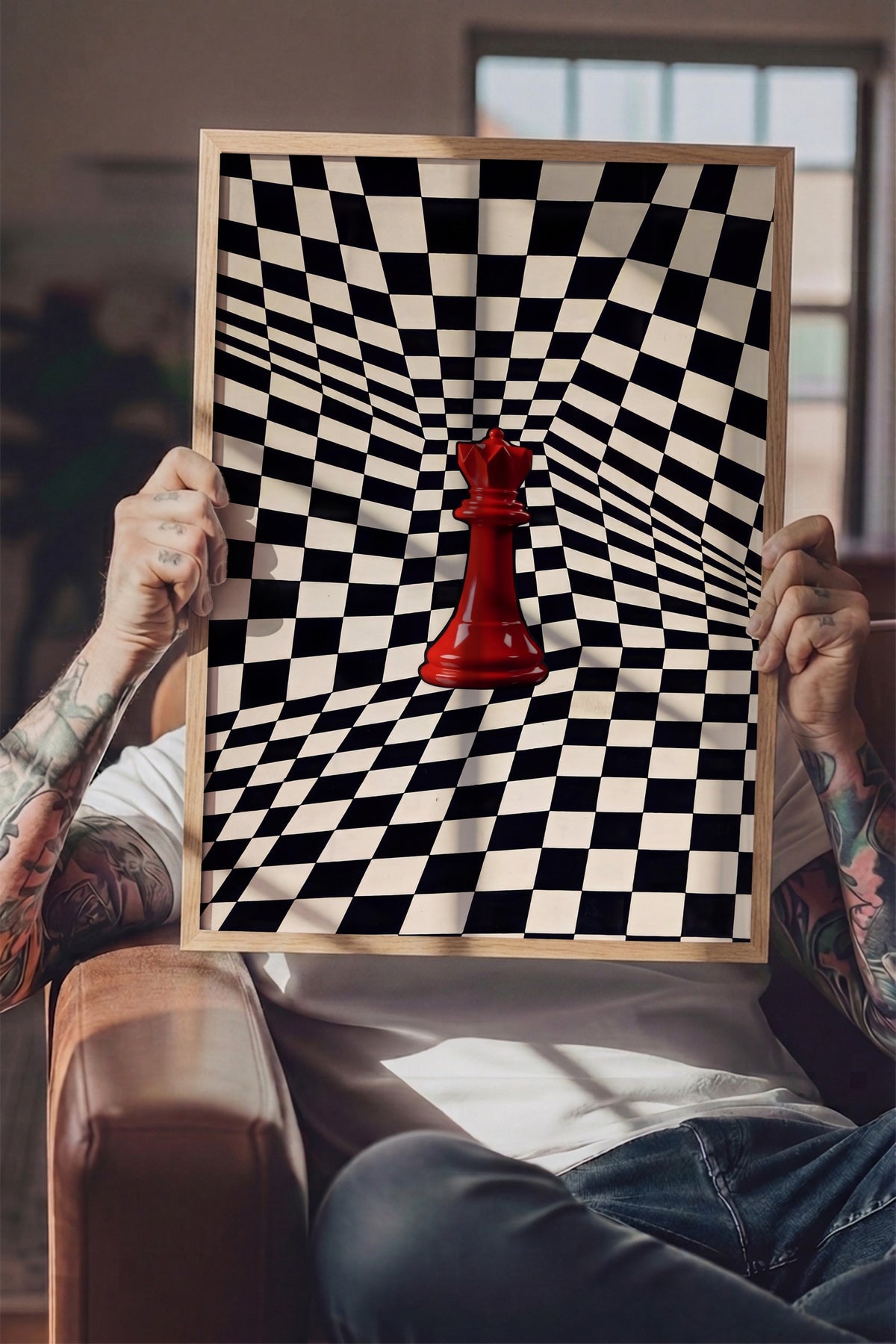 Kırmızı Satranç Taşı ve Eğri Kareler Poster – Ahşap Çerçeveli Tablo