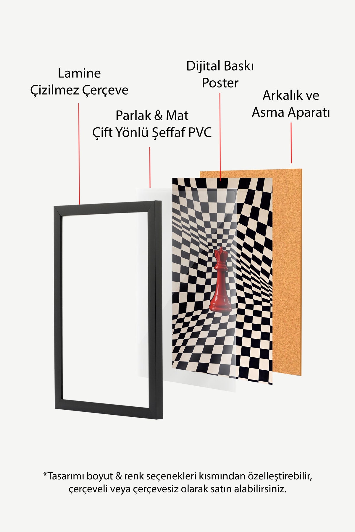 Kırmızı Satranç Taşı ve Eğri Kareler Poster – Siyah Çerçeveli Tablo