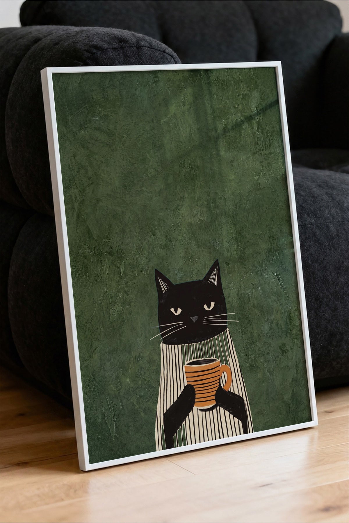 Kahve Tutan Kedi Poster – Beyaz Çerçeveli Tablo