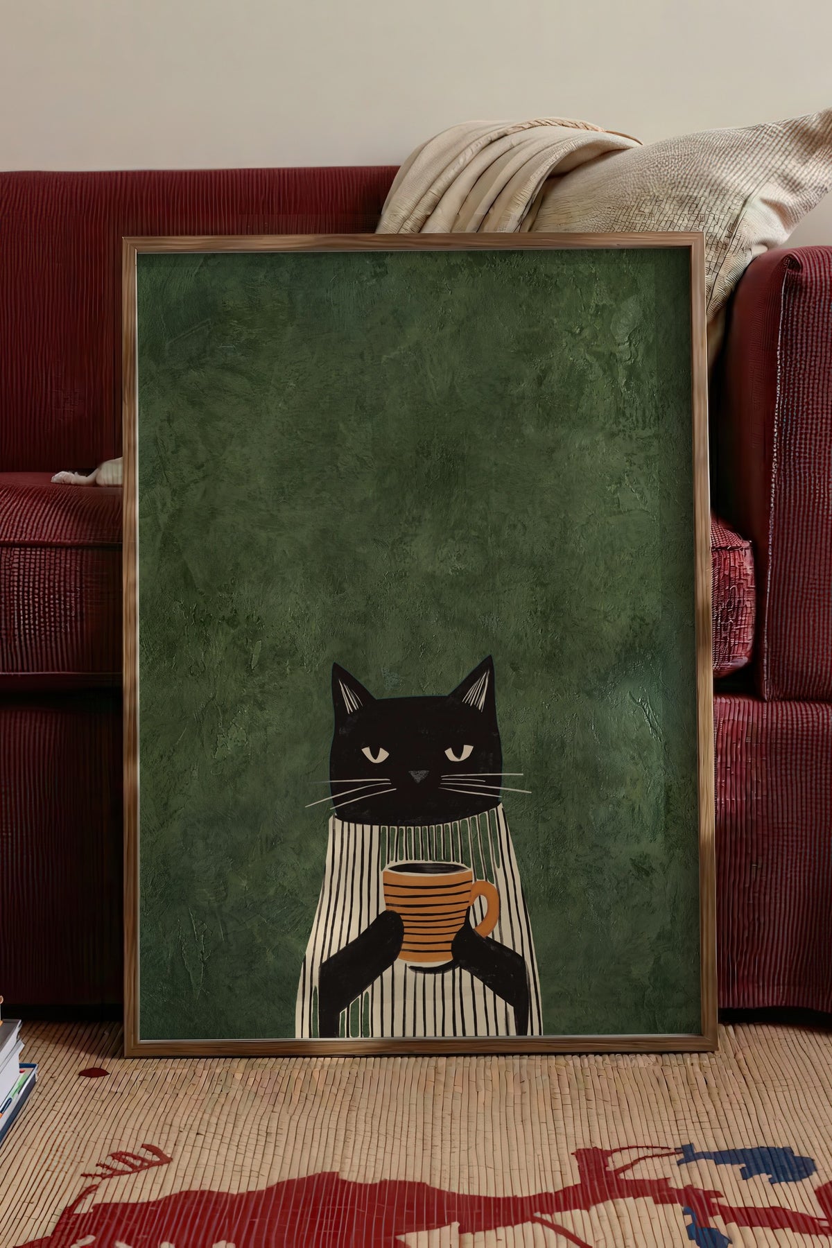 Kahve Tutan Kedi Poster – Kahverengi Çerçeveli Tablo