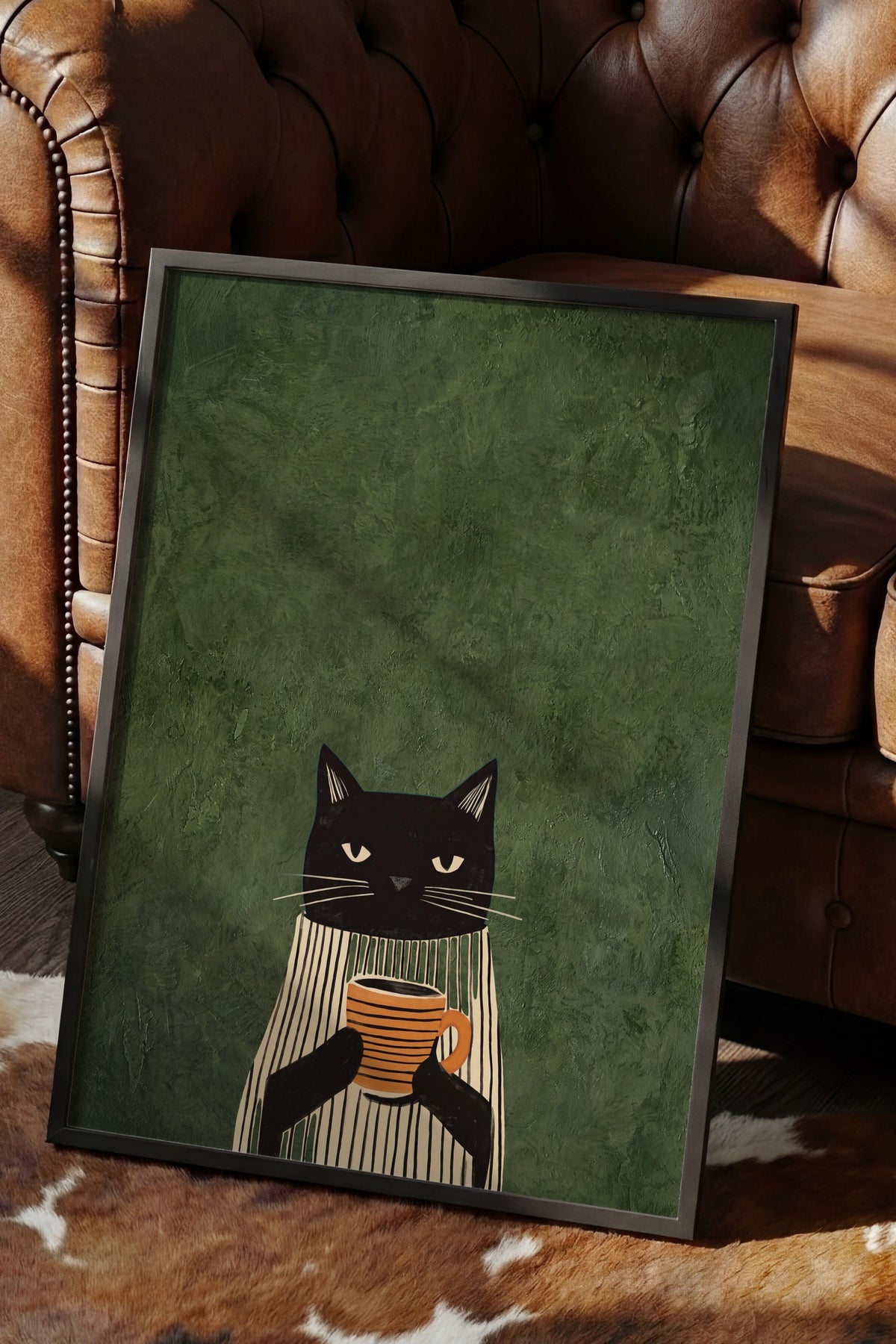 Kahve Tutan Kedi Poster – Siyah Çerçeveli Tablo