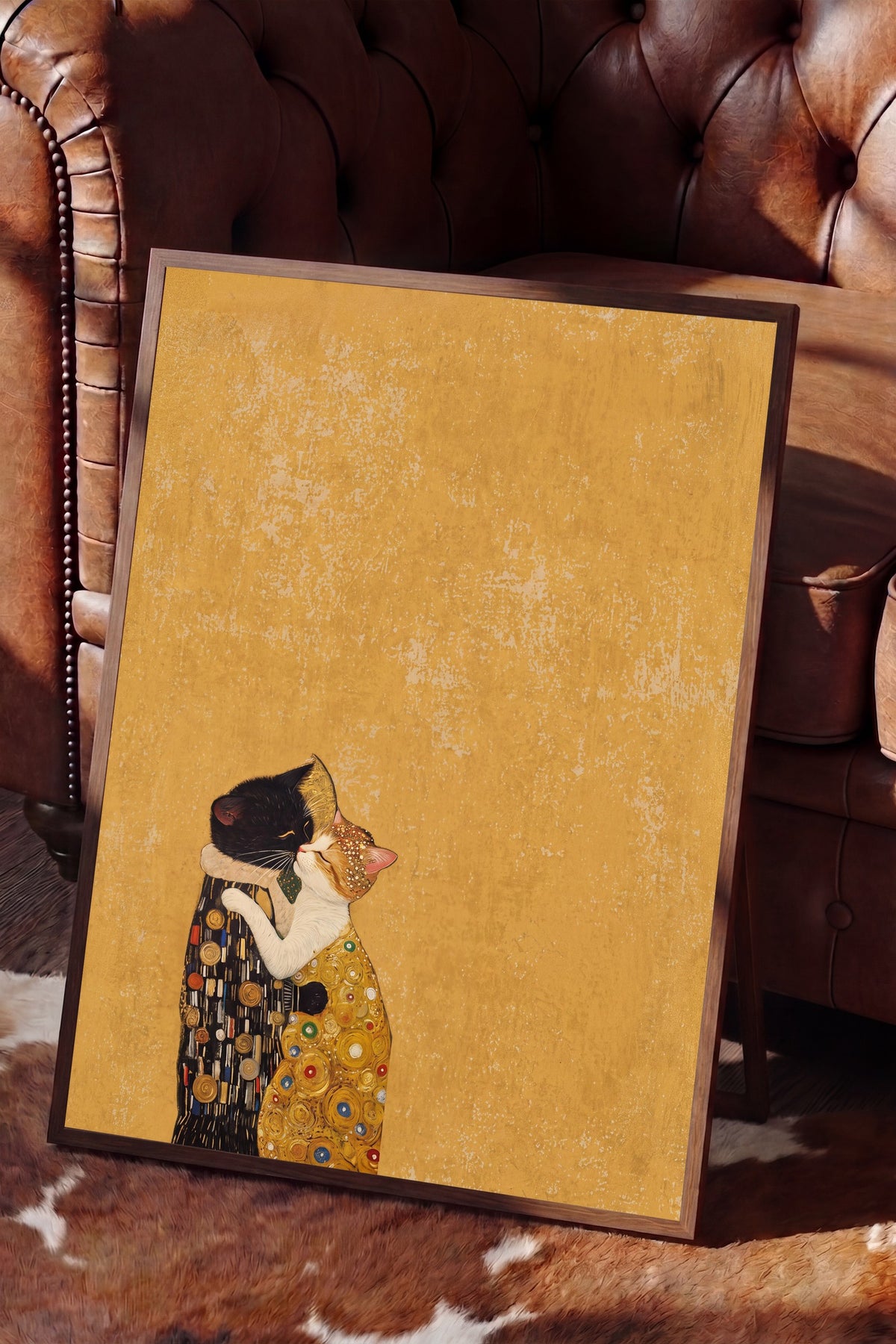 Sarılmakta Olan Kediler Poster – Kahverengi Çerçeveli Tablo