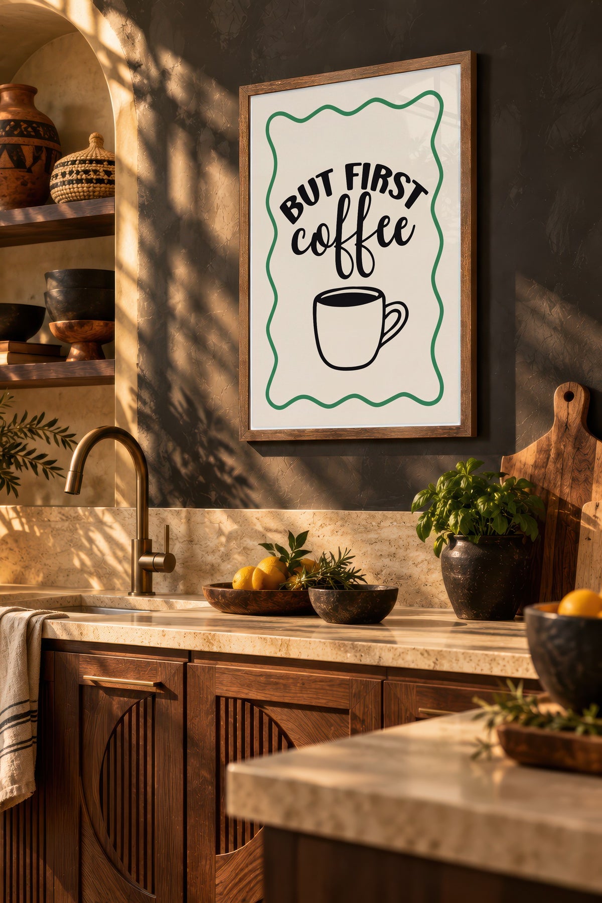 BUT FIRST coffee Poster – Kahverengi Çerçeveli Tablo