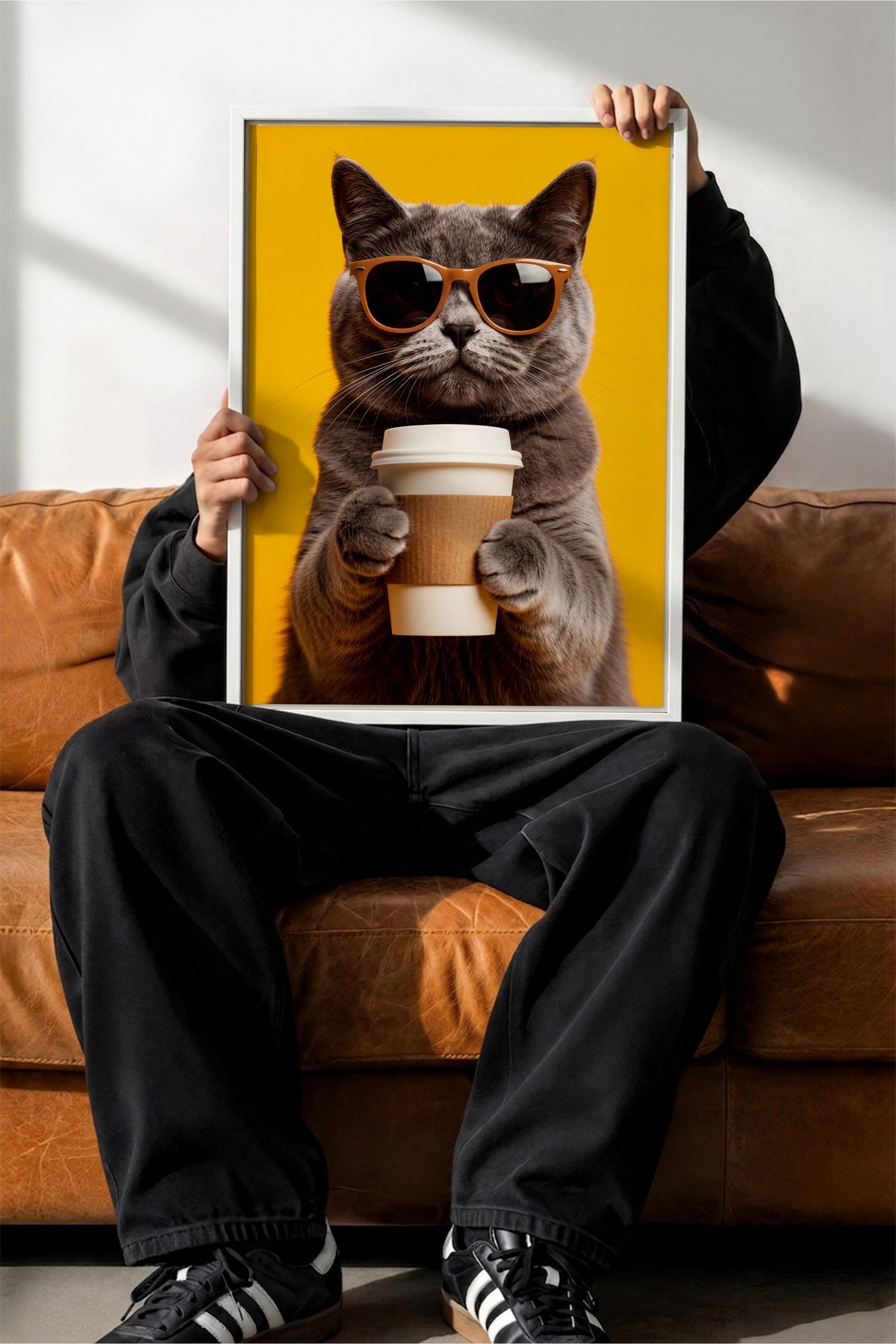 Gözlük Takan Kedi Poster – Beyaz Çerçeveli Tablo