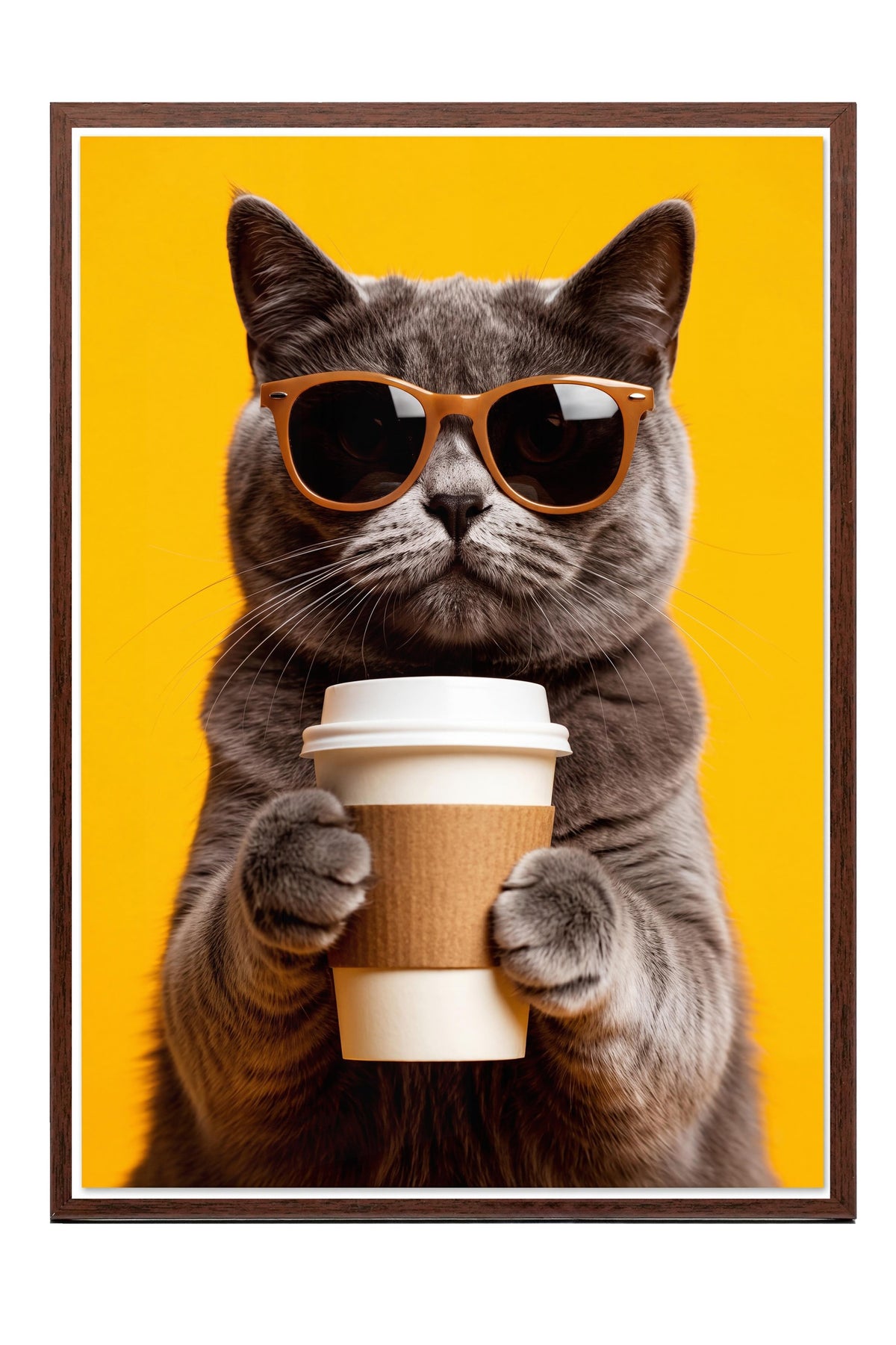 Gözlük Takan Kedi Poster – Kahverengi Çerçeveli Tablo