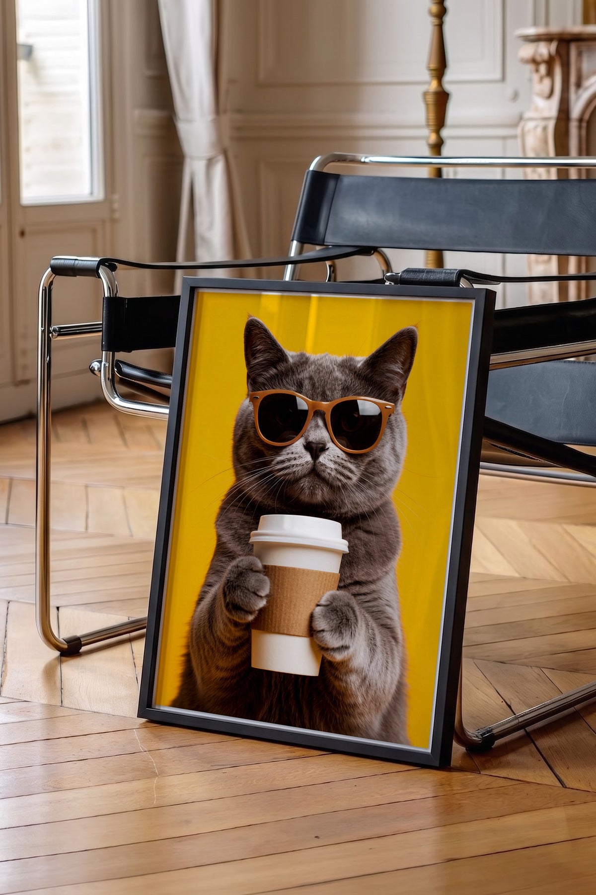 Gözlük Takan Kedi Poster – Siyah Çerçeveli Tablo