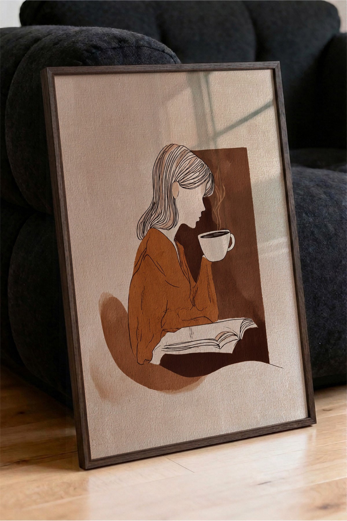 Kitap Okuyan Kadın ve Kahve Poster – Kahverengi Çerçeveli Tablo