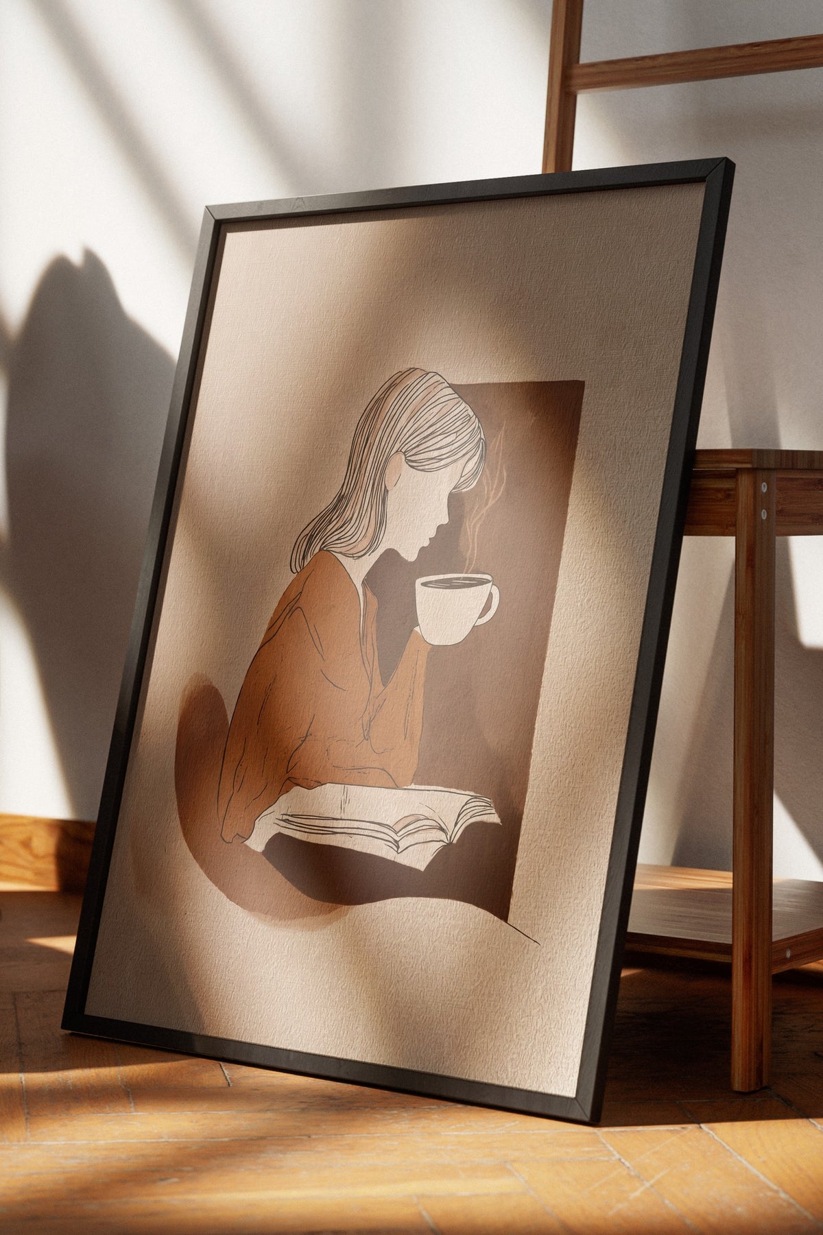 Kitap Okuyan Kadın ve Kahve Poster – Siyah Çerçeveli Tablo
