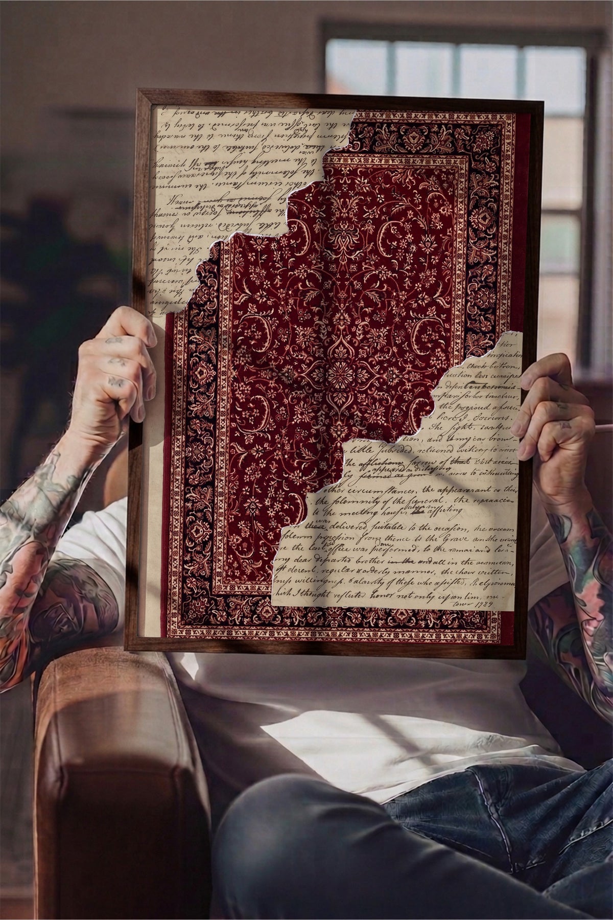 Desenli kolaj illüstrasyonu Poster – Kahverengi Çerçeveli Tablo