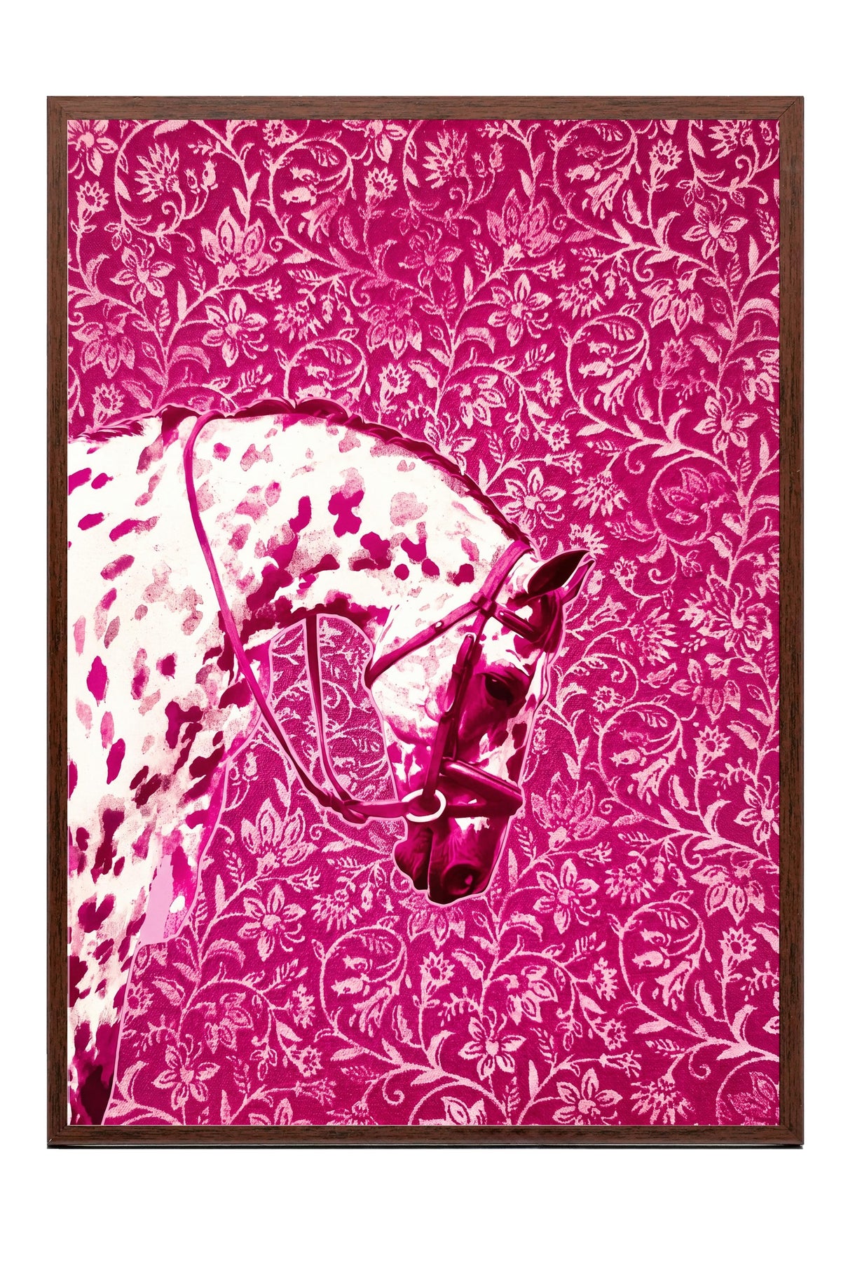 Çiçek Desenli At Poster – Kahverengi Çerçeveli Tablo