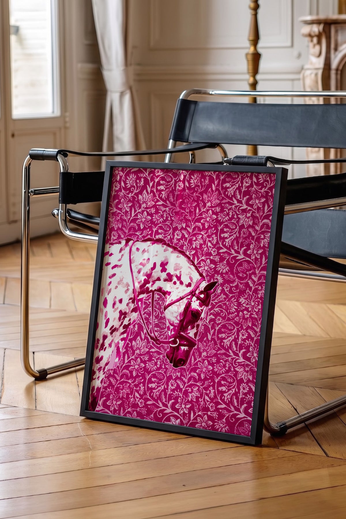 Çiçek Desenli At Poster – Siyah Çerçeveli Tablo
