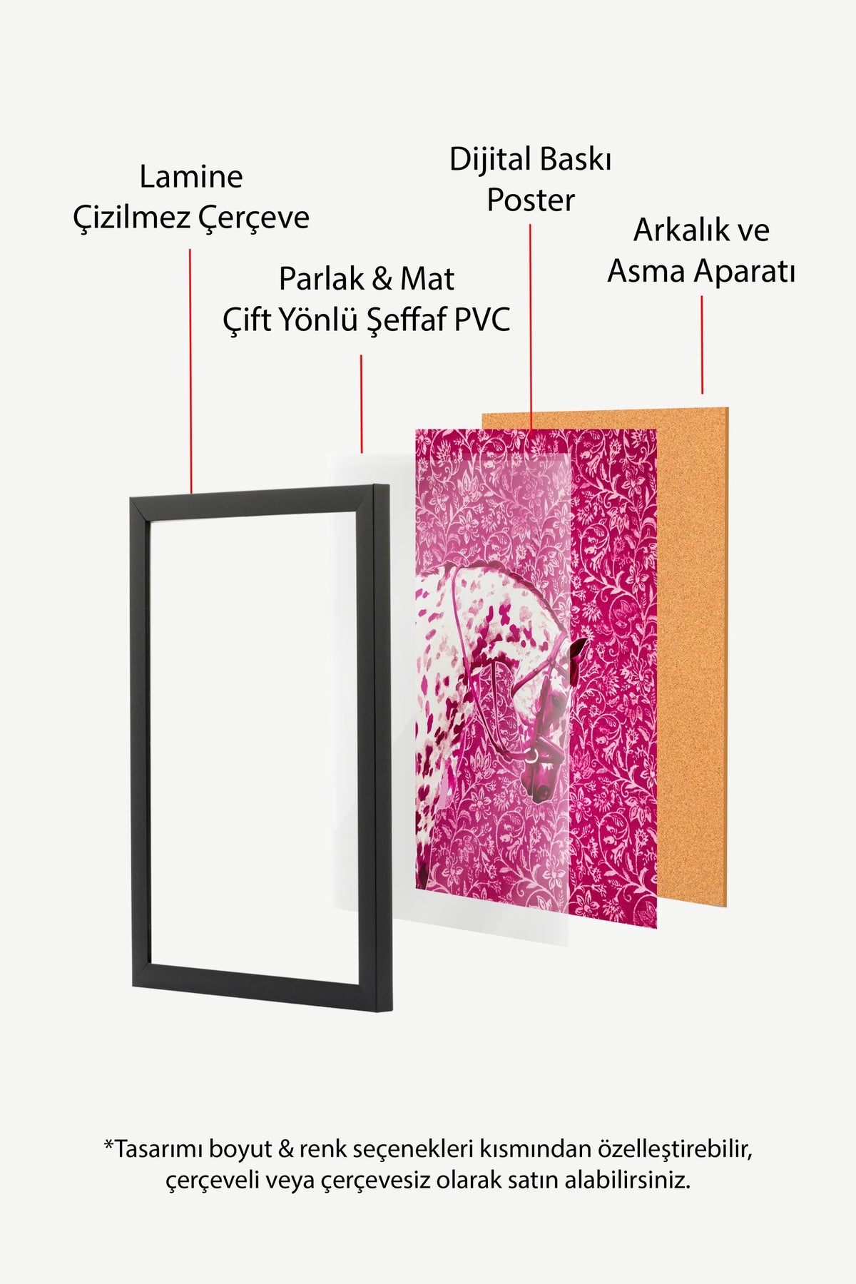 Çiçek Desenli At Poster – Siyah Çerçeveli Tablo