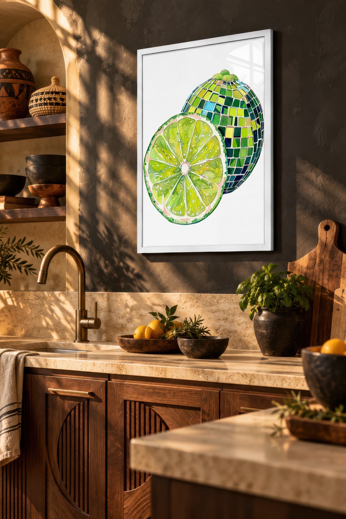 Mozaik Desenli Kesilmiş Yeşil Limon Poster – Beyaz Çerçeveli Tablo