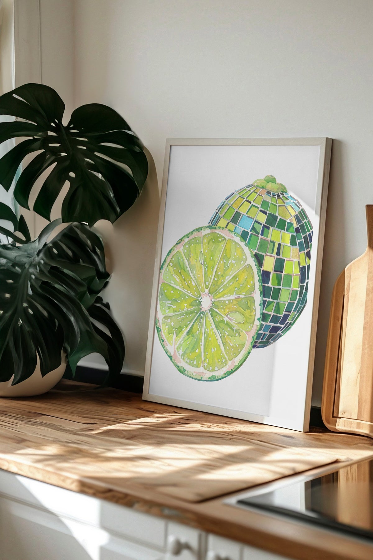 Mozaik Desenli Kesilmiş Yeşil Limon Poster – Beyaz Çerçeveli Tablo
