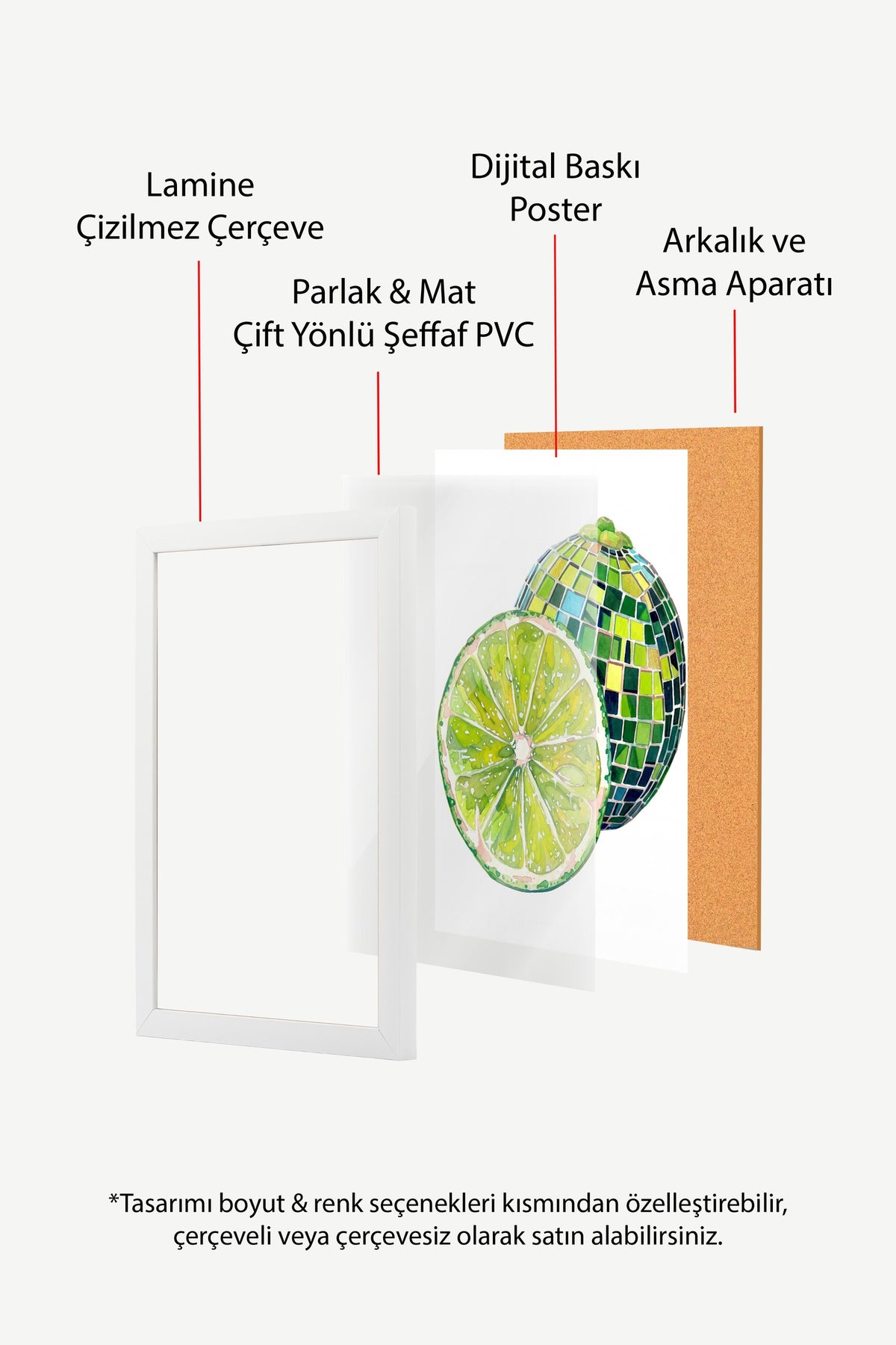 Mozaik Desenli Kesilmiş Yeşil Limon Poster – Beyaz Çerçeveli Tablo