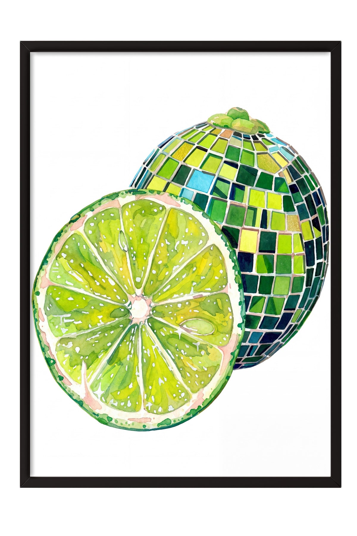 Mozaik Desenli Kesilmiş Yeşil Limon Poster – Siyah Çerçeveli Tablo