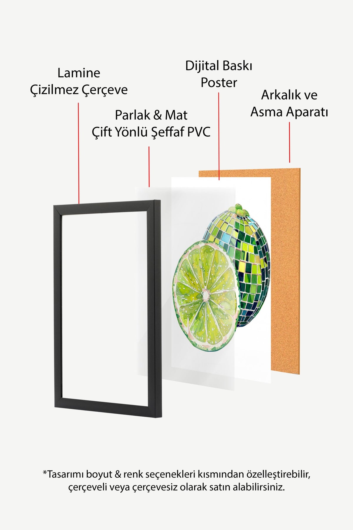 Mozaik Desenli Kesilmiş Yeşil Limon Poster – Siyah Çerçeveli Tablo