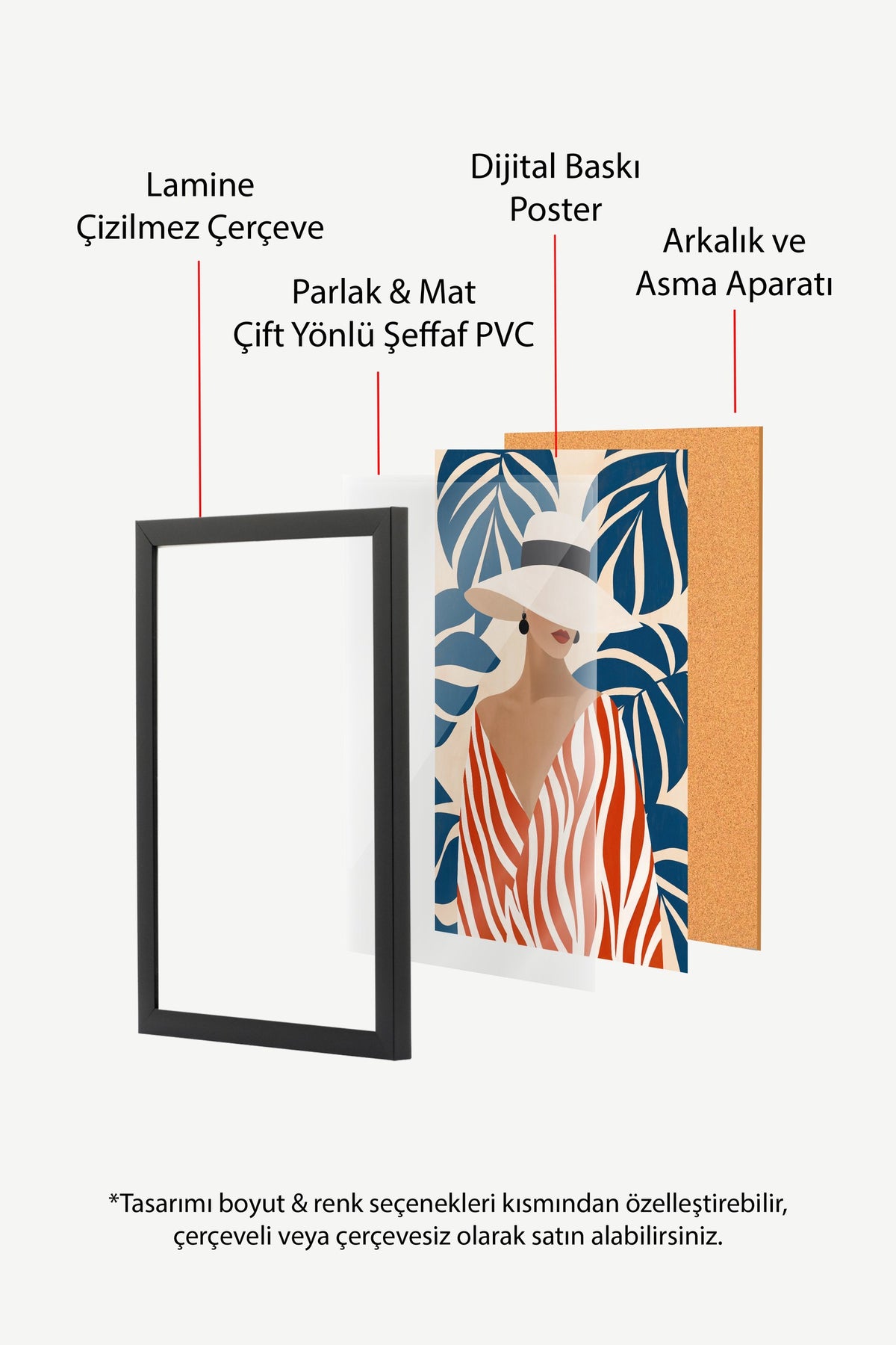 Kadın Figürü Yaprak Deseniyle Poster – Siyah Çerçeveli Tablo