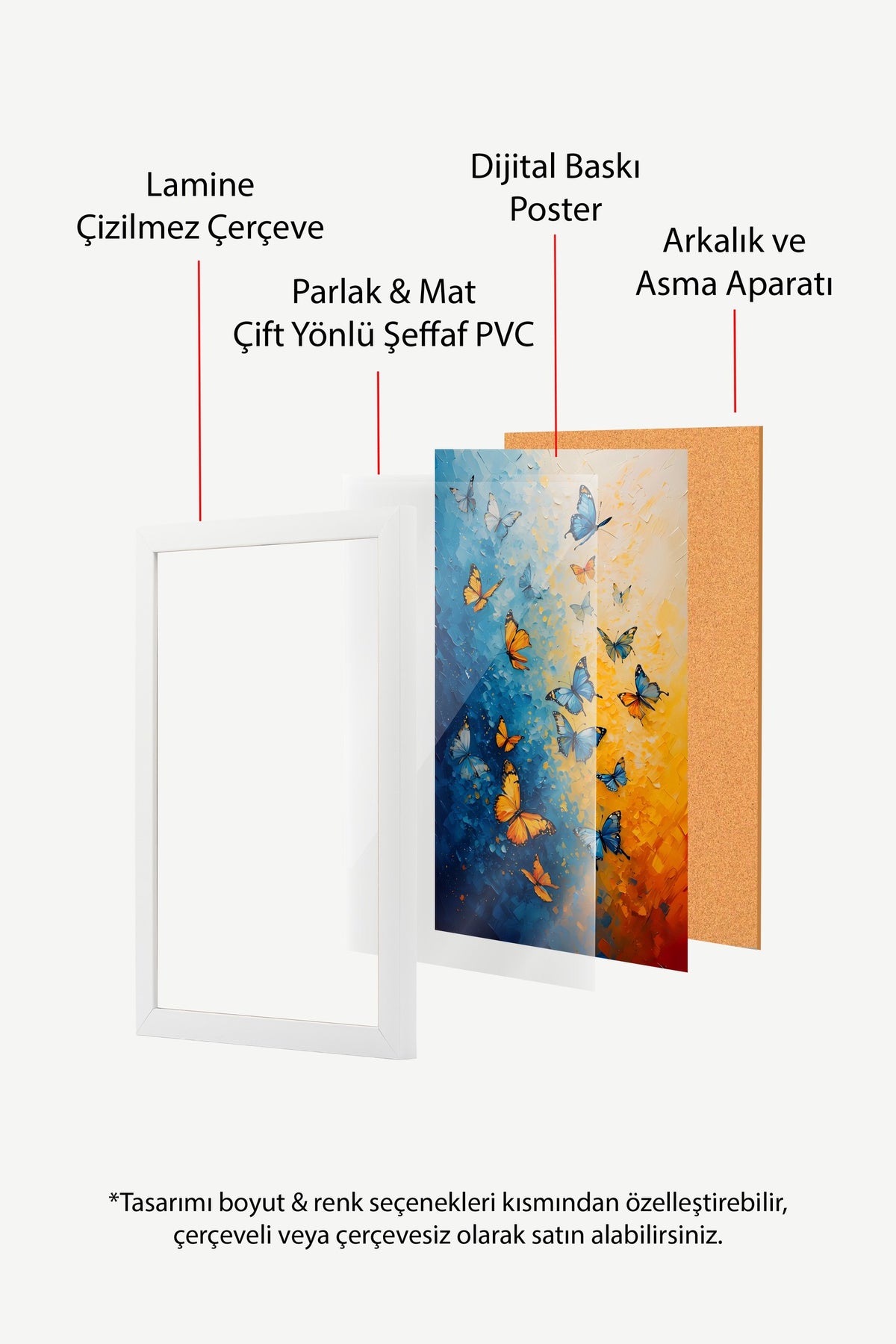 Renkli Kelebekler Poster – Beyaz Çerçeveli Tablo