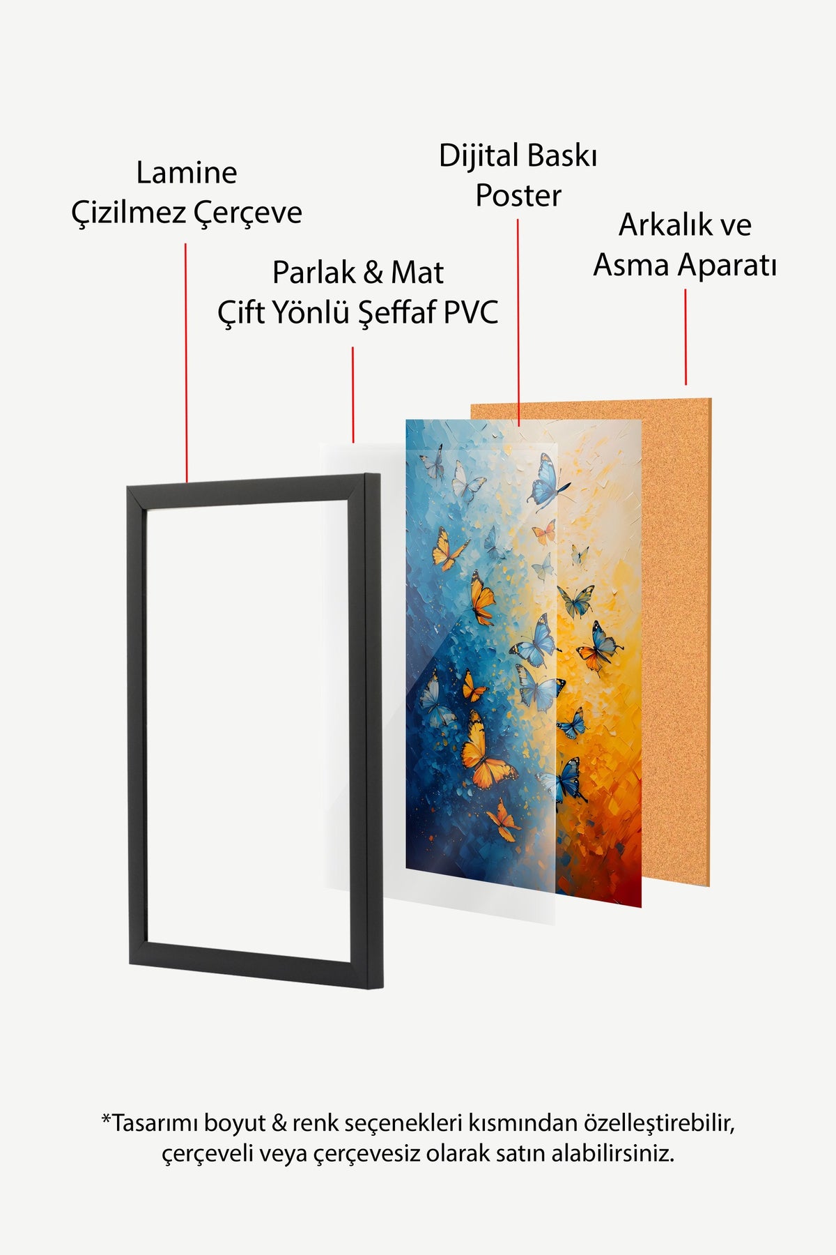 Renkli Kelebekler Poster – Siyah Çerçeveli Tablo